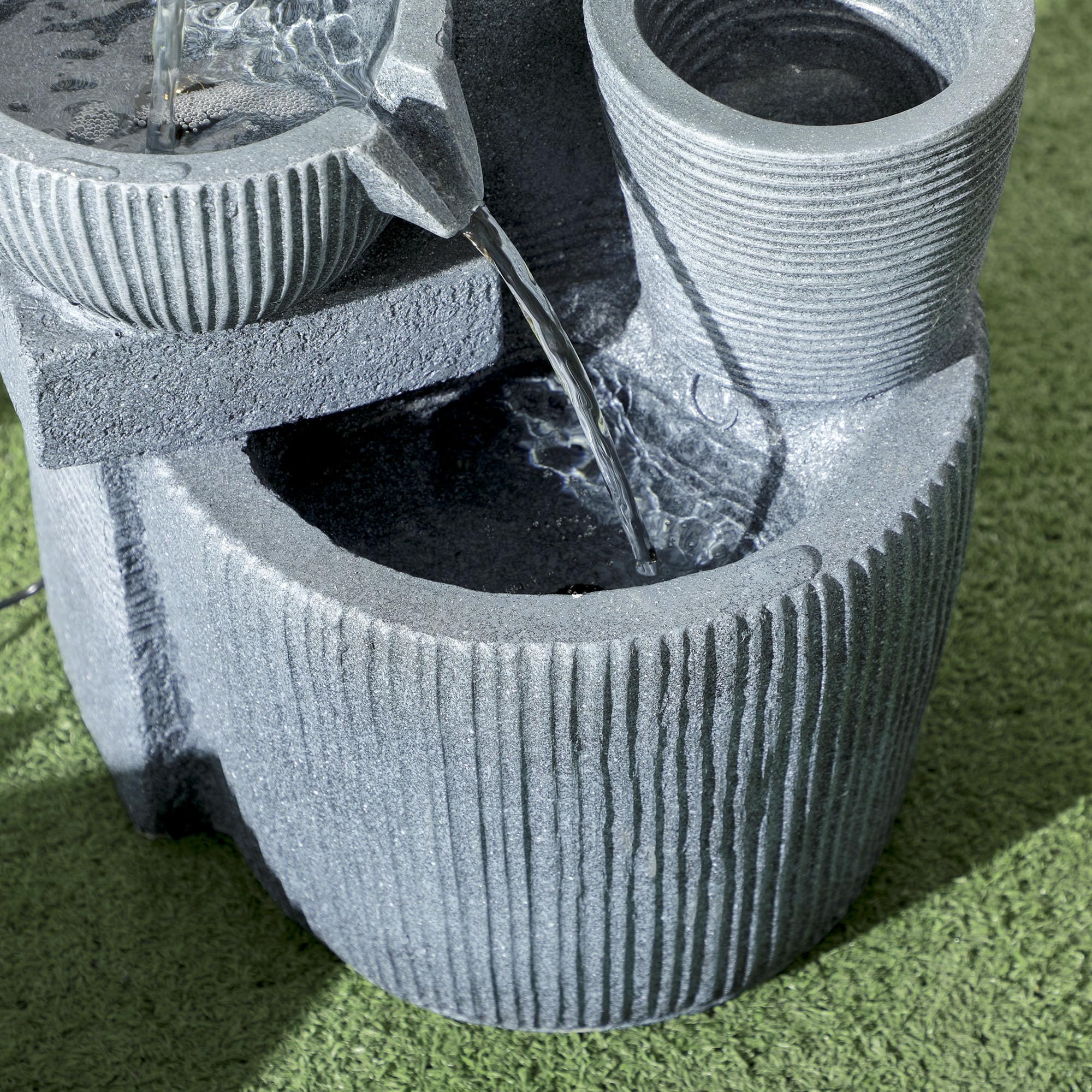 Outsunny Fontaine de Jardin à énergie Solaire Fontaine à Cascade en résine à 4 Niveaux avec lumières LED Pompe et Pot de Fleur dim. 31L x 27l x 57H cm Gris