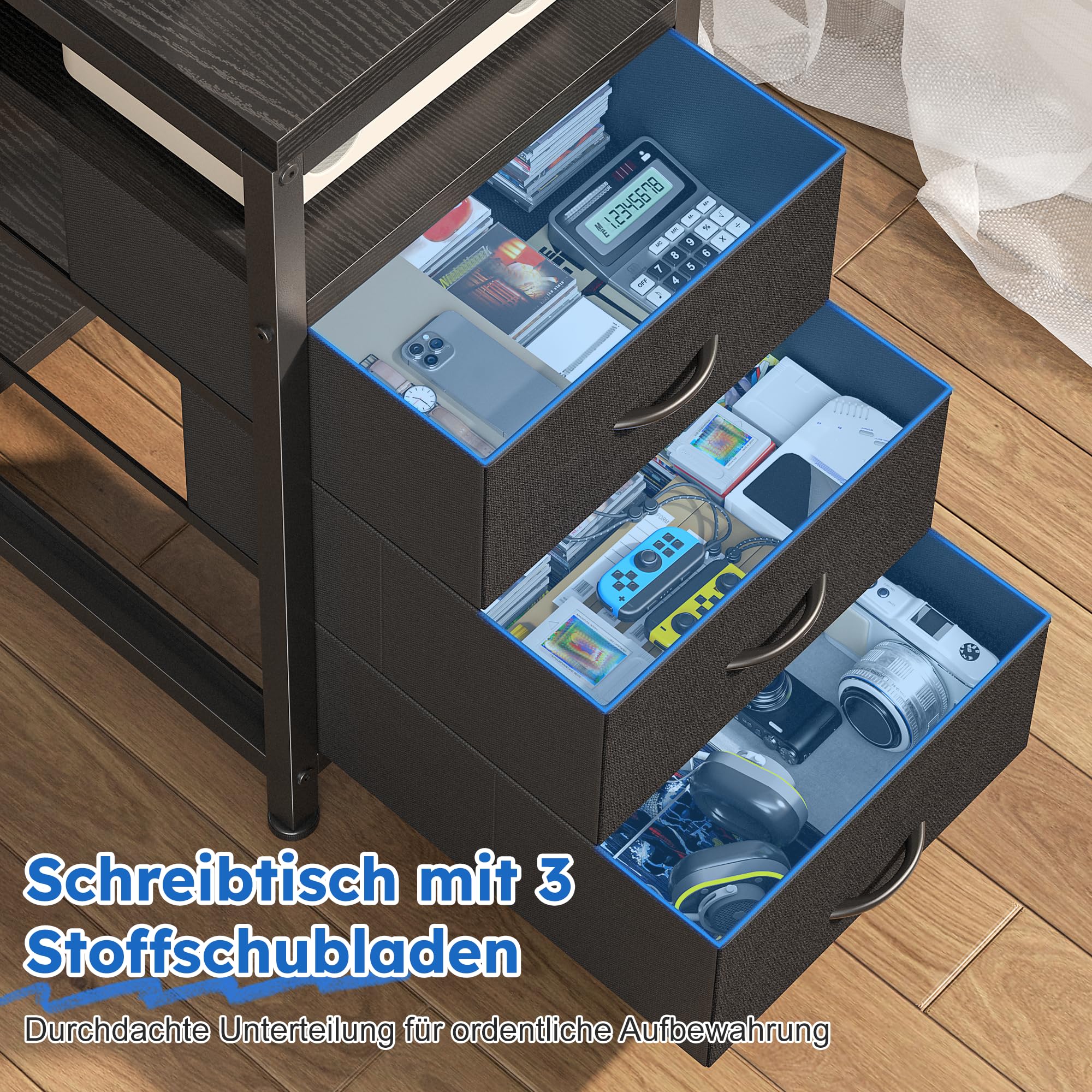 140x80 cm L Form Gaming Schreibtisch mit 3 Schubladen, Monitorständer, LED, USB-Ladeanschluss und Steckdose, Umkehrbar Computertisch mit Kopfhörerhaken für Homeoffice und Gaming, Schwarz