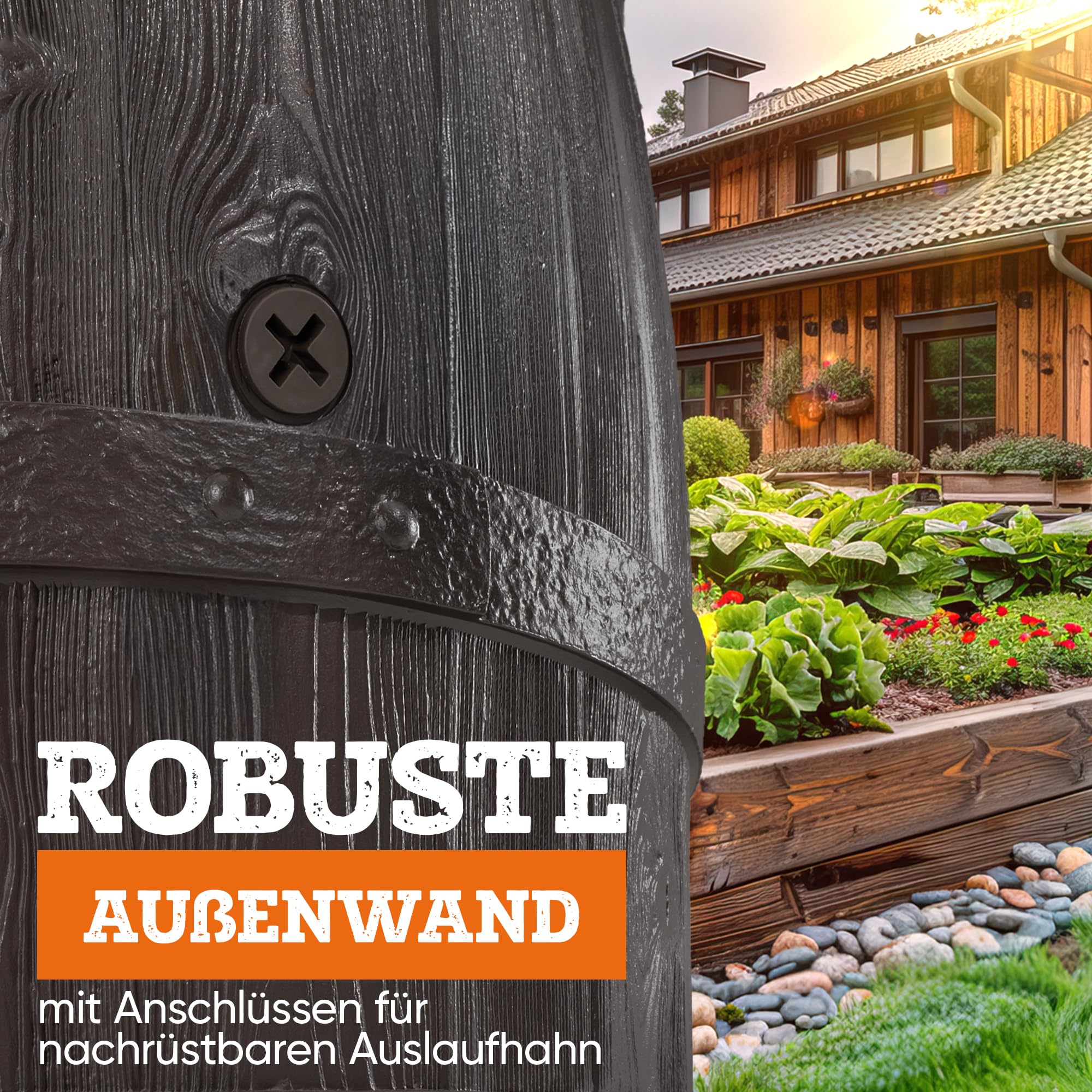 GARANTIA BARRICA Regentonne 420 Liter braun rustikale Holzfassoptik | mit abnehmbarem Deckel UV-beständiger Recycling-Kunststoff für den Garten integrierte Gewindeanschlüsse zur Wasserentnahme