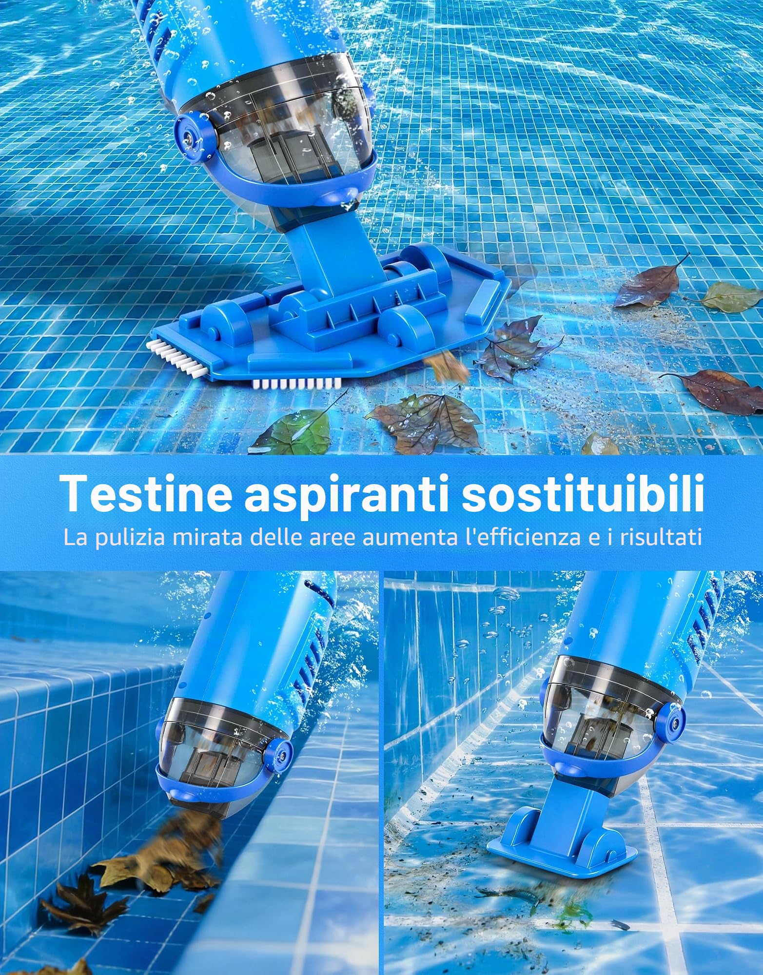 LanBlu Aspirapolvere Piscina a Batteria, 2.5m Aspiratore Piscina Fuori Terra con Palo Telescopico, 4200L/H Manuale Aspiratore Piscine Senza Fili con 4 Filtri,Design Anti-ritorno Pulitore Fondo Piscine