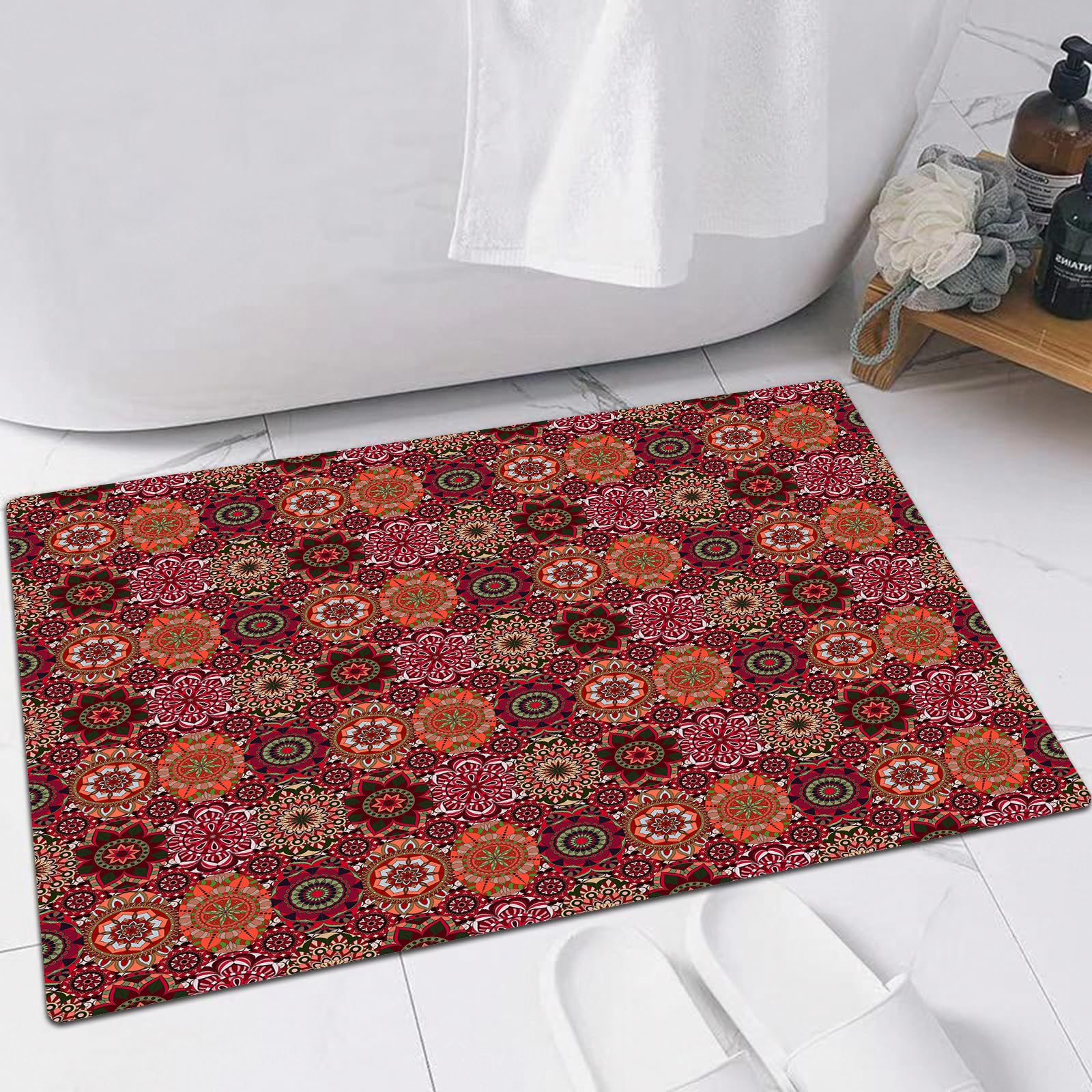 EMFSLA Bath Mat 24x35 in,Moroccan, vintage tile pattern with oval motifs Ottoman mandala figures Decorative,Non-Slip Bathroom Mat Machine-Washable,Ultra Soft and Water Absorbent Bath Rug for Bathroom
