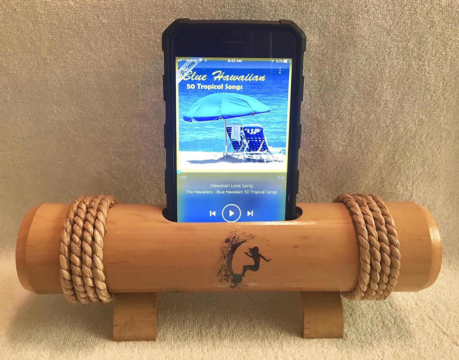 Bamboo Cell Phone Speaker/Amplifier with Surfer Girl graphic in color