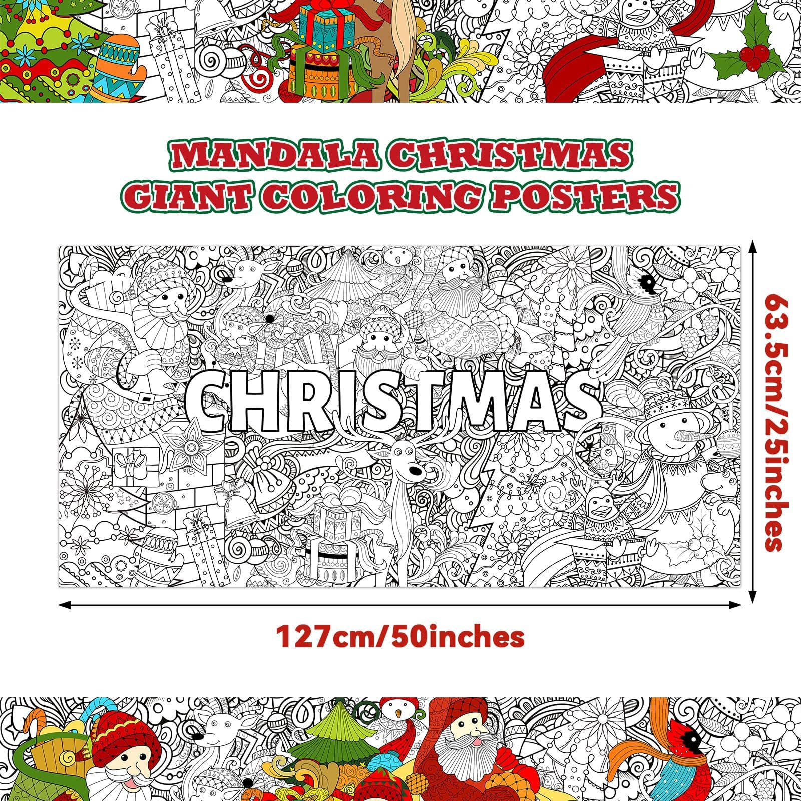 Giant Christmas Coloring Poster for Adults Kids Large Mandala Coloring Tablecloth Sheets Pages Huge Merry Xmas Holiday Gift Home Classroom School Activity Game Wall Decorations Crafts Party Supplies