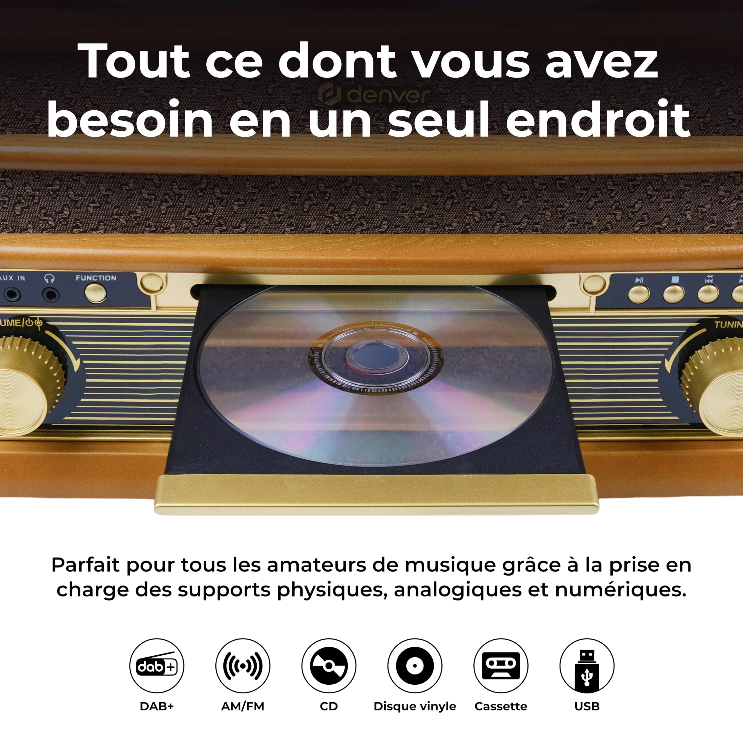 Denver MRD-51 Chaîne Musicale rétro avec Platine Vinyle, Dab+/FM, CD, Cassette, USB, AUX, Enregistrement MP3, Bois