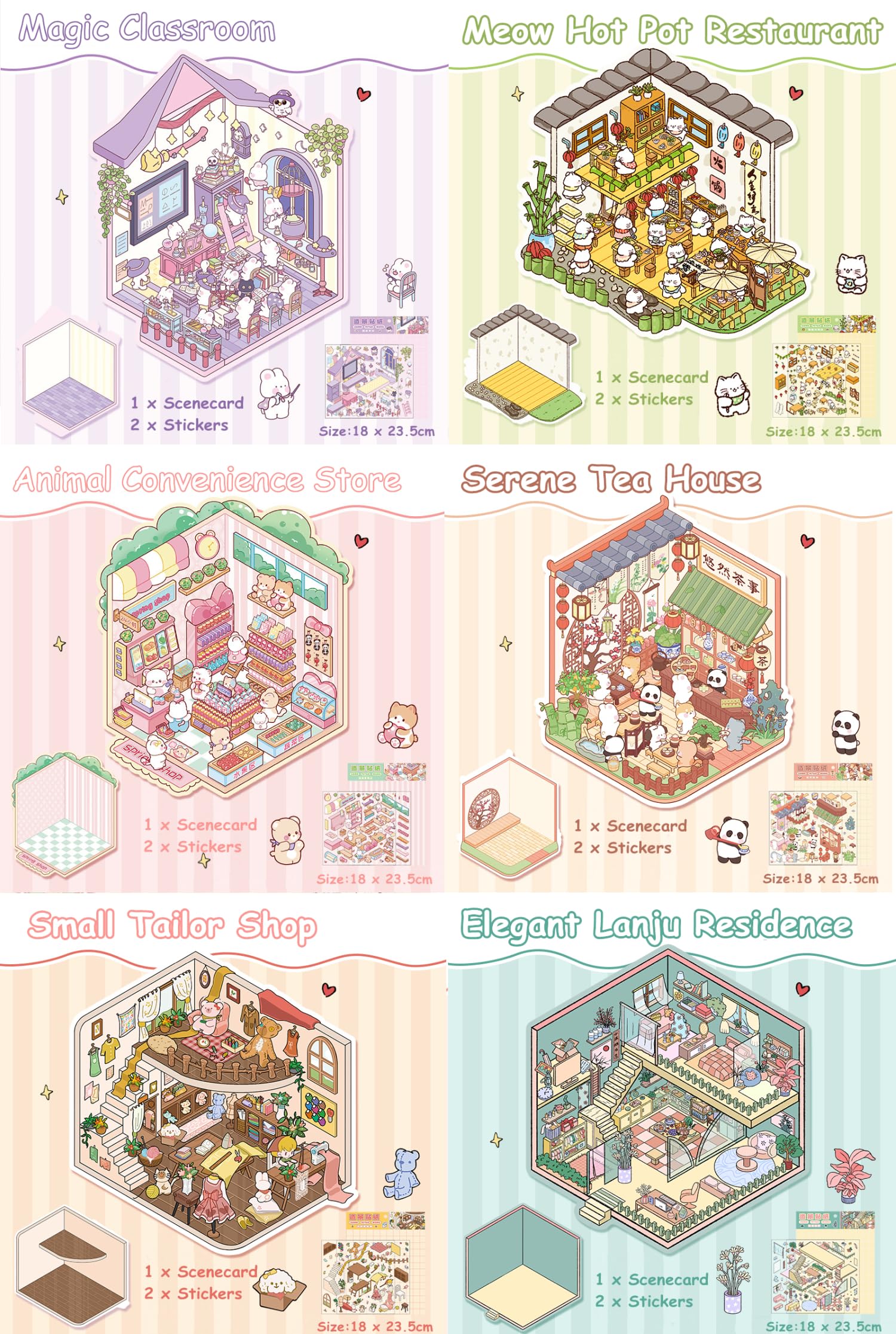 Wnqou 6 Sets DIY 3D House Stickers, 3D Magic Classroom Simulated, Miniature Simulated Cabin Scene Game - Image 2
