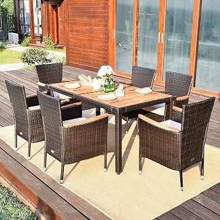 DORTALA 7 PCS Outdoor Dining Set, Patio Rattan Dining Set W/ Soft & Water-proof Cushions, Large Dining Table w/ Acacia Wood Top, Garden Dining Table and Chairs Set , 6 Stackable Chairs w/Wide Armrest, Perfect for Balcony Patio Garden Poolside
