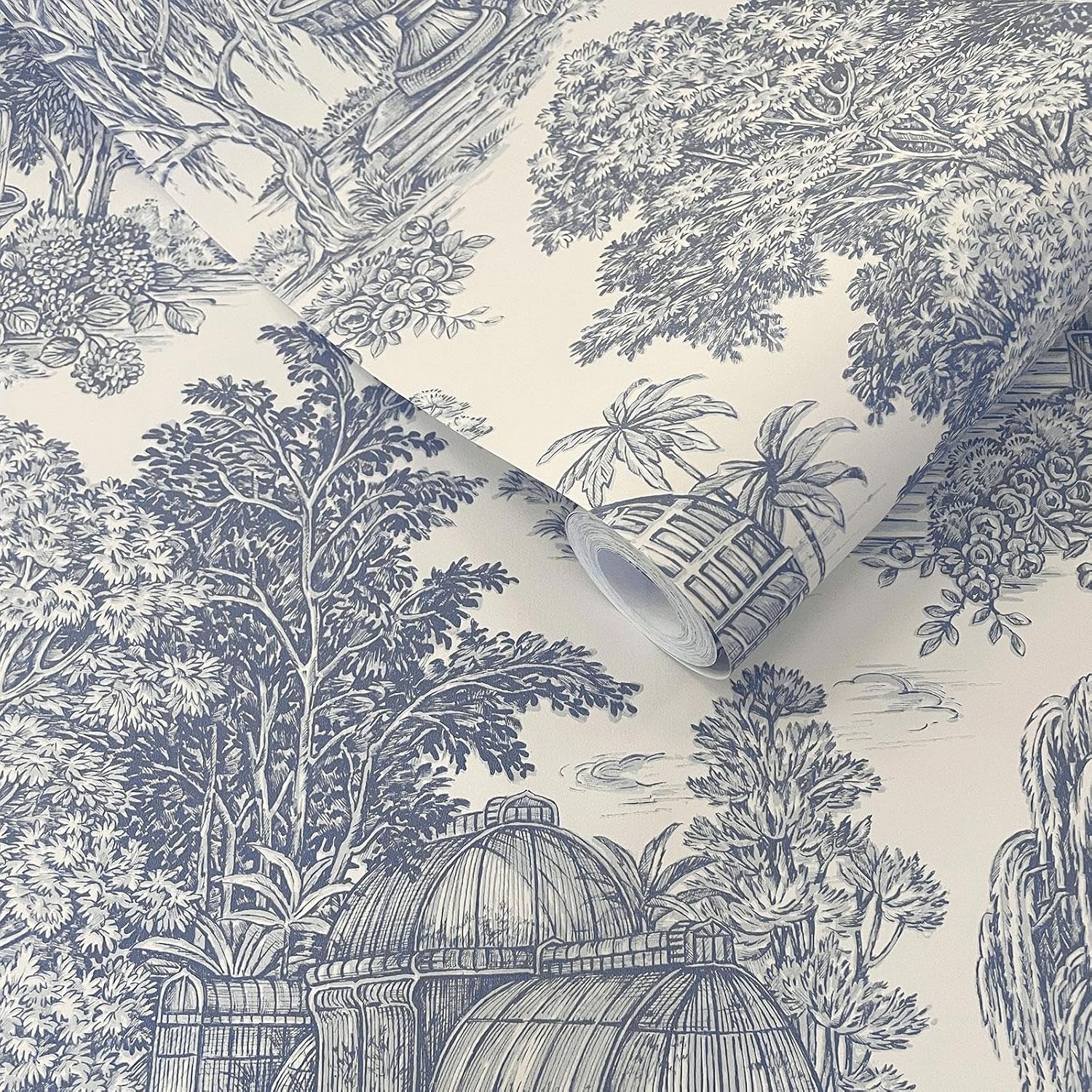 Osterley Vintage Inspired Toile Lush Wallpaper Trees, Foliage, Nature Ideal for Brdrooms, Lounges Blue Holden 13951