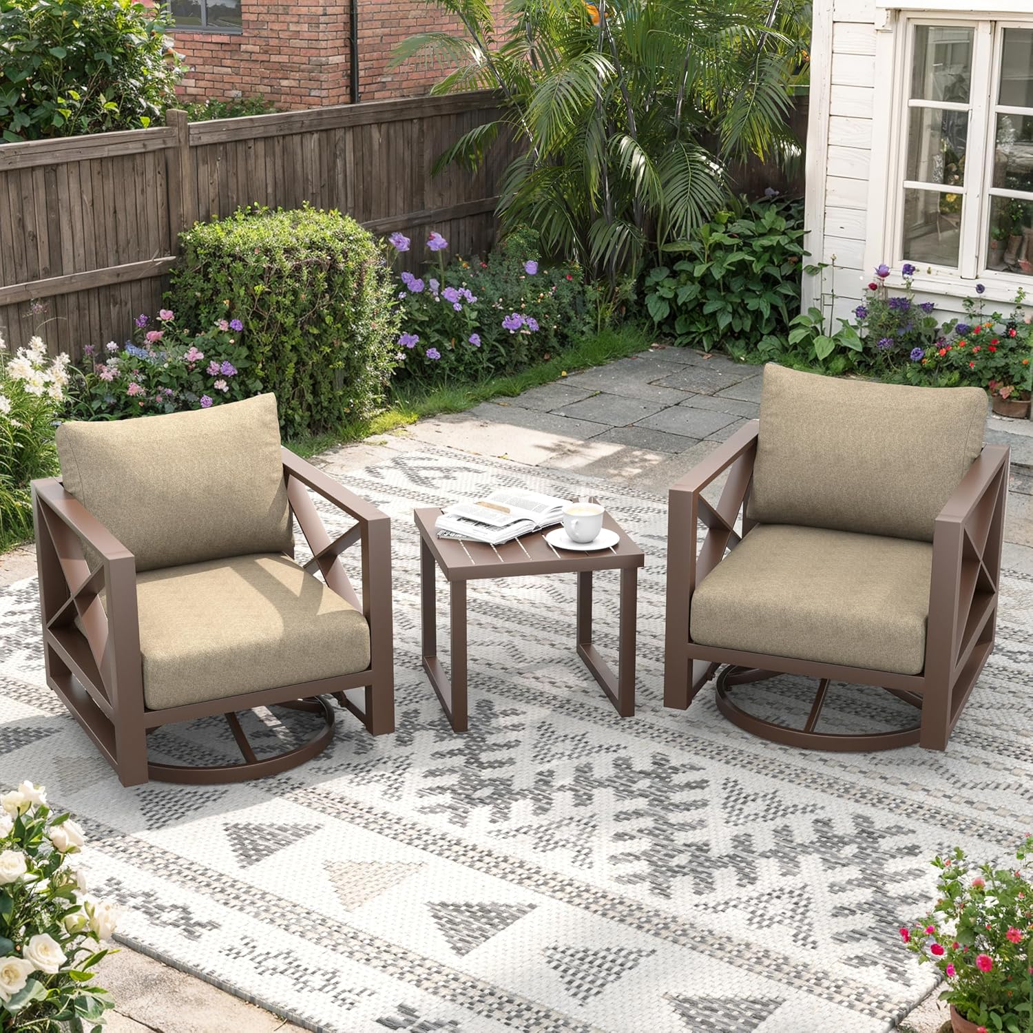 Aluminum Outdoor Patio Furniture Set with Swivel Chairs, 3-Piece Outdoor Sectional with 5.2" Thick Cushions, Patio Conversation Sets for Backyard,(Brown,2 Seats)