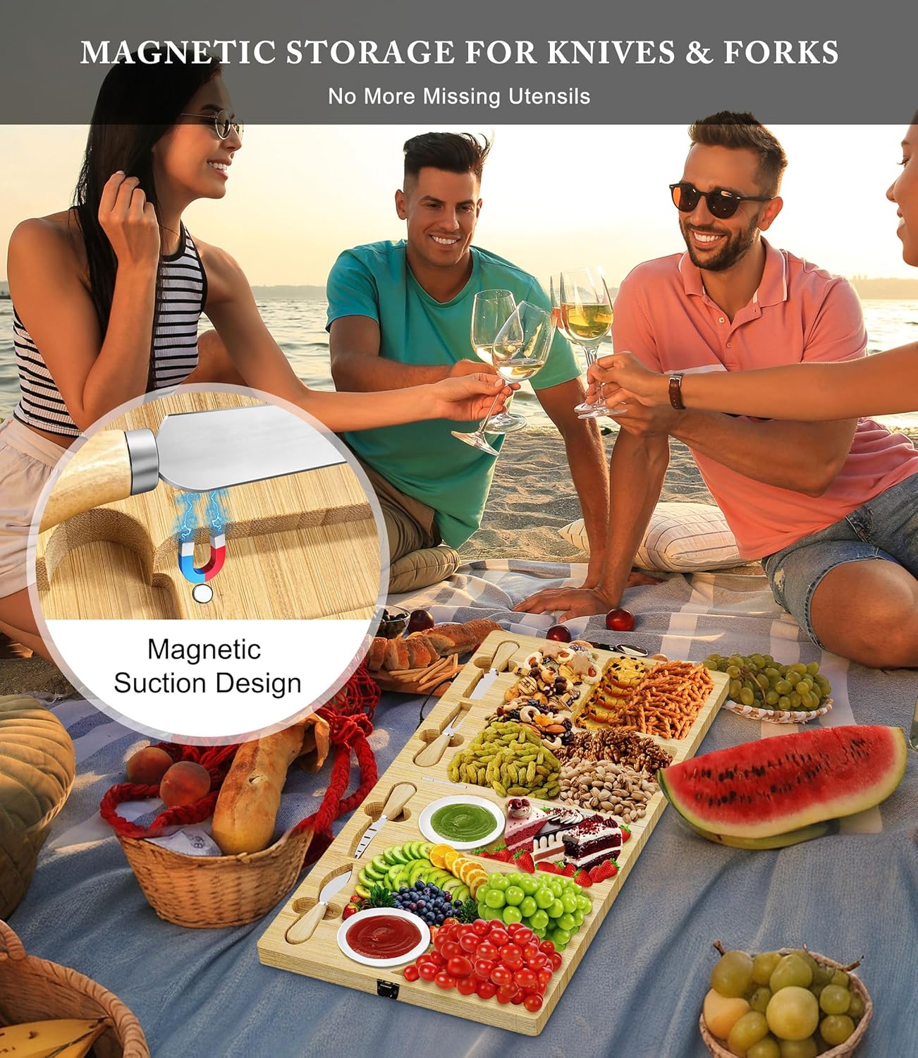 Charcuterie Boards Gift Set – Large Foldable Bamboo Cheese Board with Magnetic Utensil Storage, Multi-Compartment Design for Family Gatherings, Picnics, Parties & Holiday Entertaining - Image 2