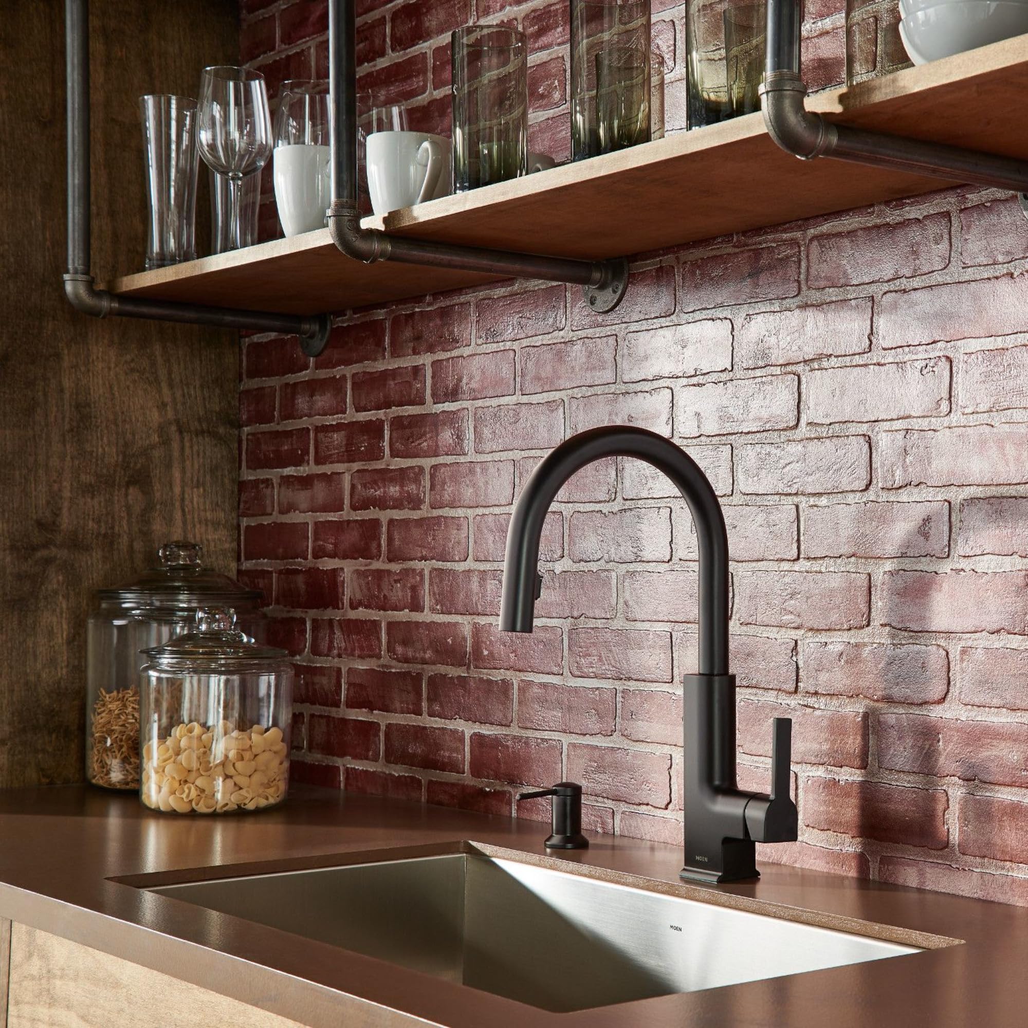 Moen 3942BL Dispenser di sapone da cucina con bottiglia ricaricabile sopra il lavandino, nero, 1.125