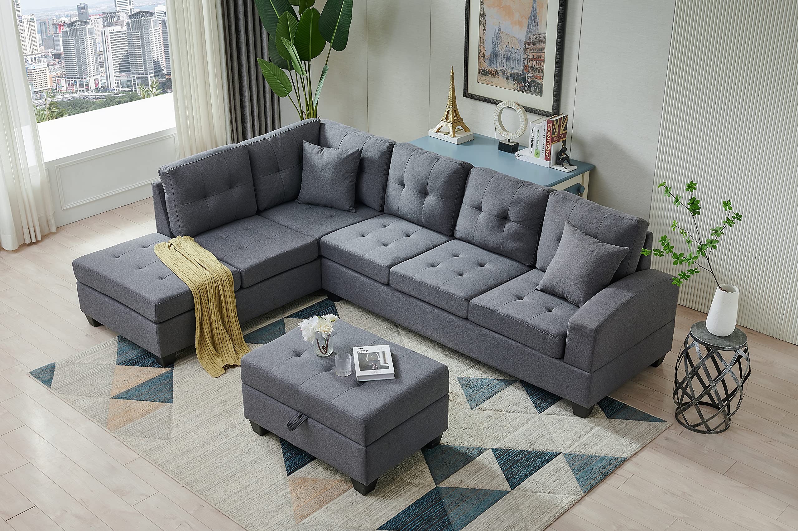 3 Piece Modular Sectional Sofa Couch with Reversible Chaise, L-Shaped Linen Upholstered 6 Seater Corner Tufted Sofa&Couch with Cupholders and Storage Ottoman for Home/Apartment/Office Living Room