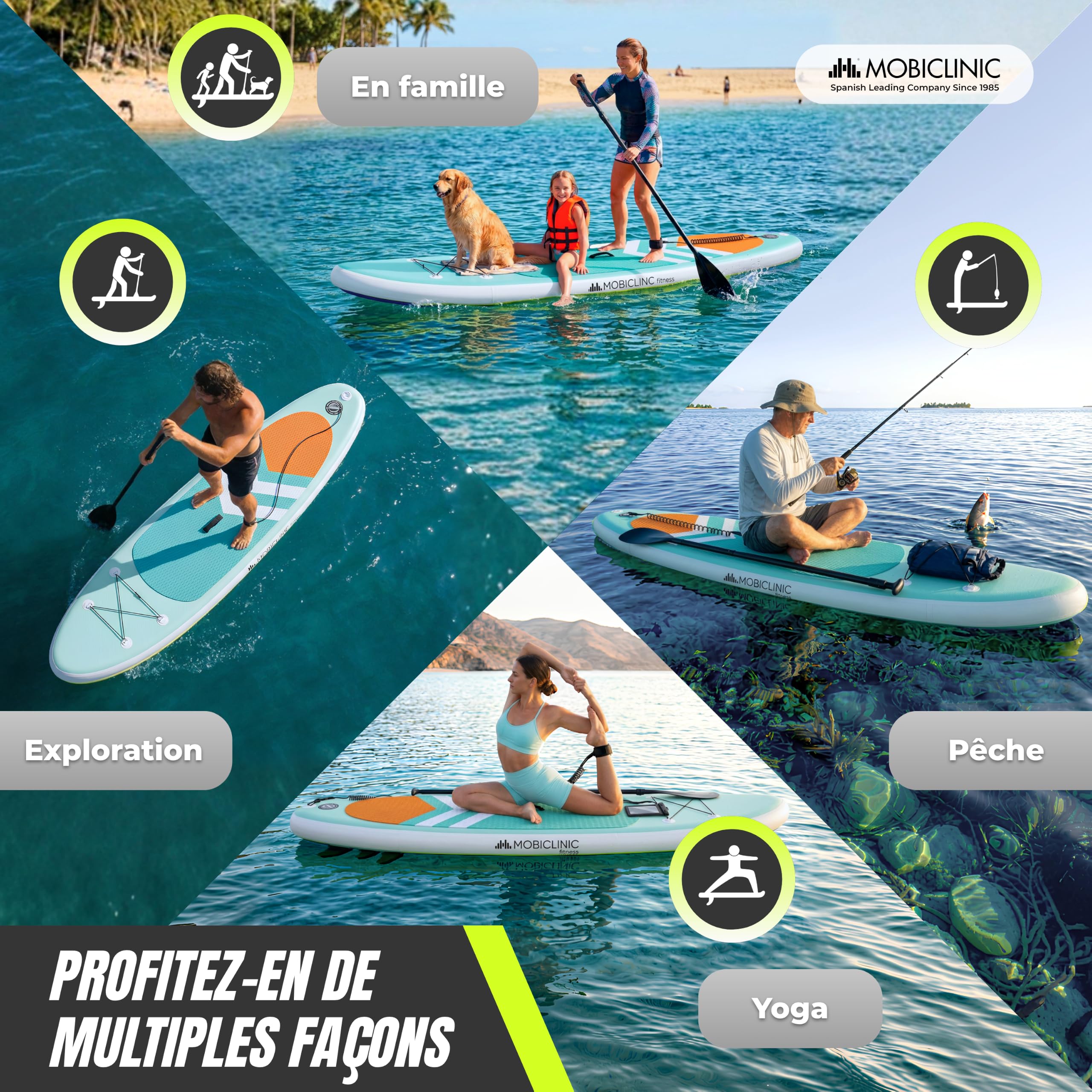 Mobiclinic®, Planche de Paddle Surf Gonflable, Pompe, Sac à Dos, Pagaie Réglable, Étui pour Téléphone, Kit Réparation, 315x78x15 cm, Pliable, Enfants, Adultes et Animaux