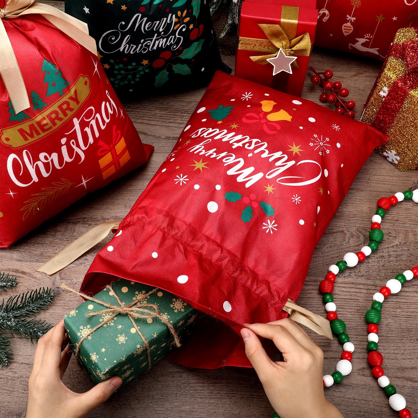 Wesnoy 20 bolsas de regalo de Navidad con cordón, bolsas de regalo de tela no tejida, bolsas de regalo de 12 x 18 pulgadas, bolsas reutilizables de regalo de Navidad con cordón para almacenamiento de