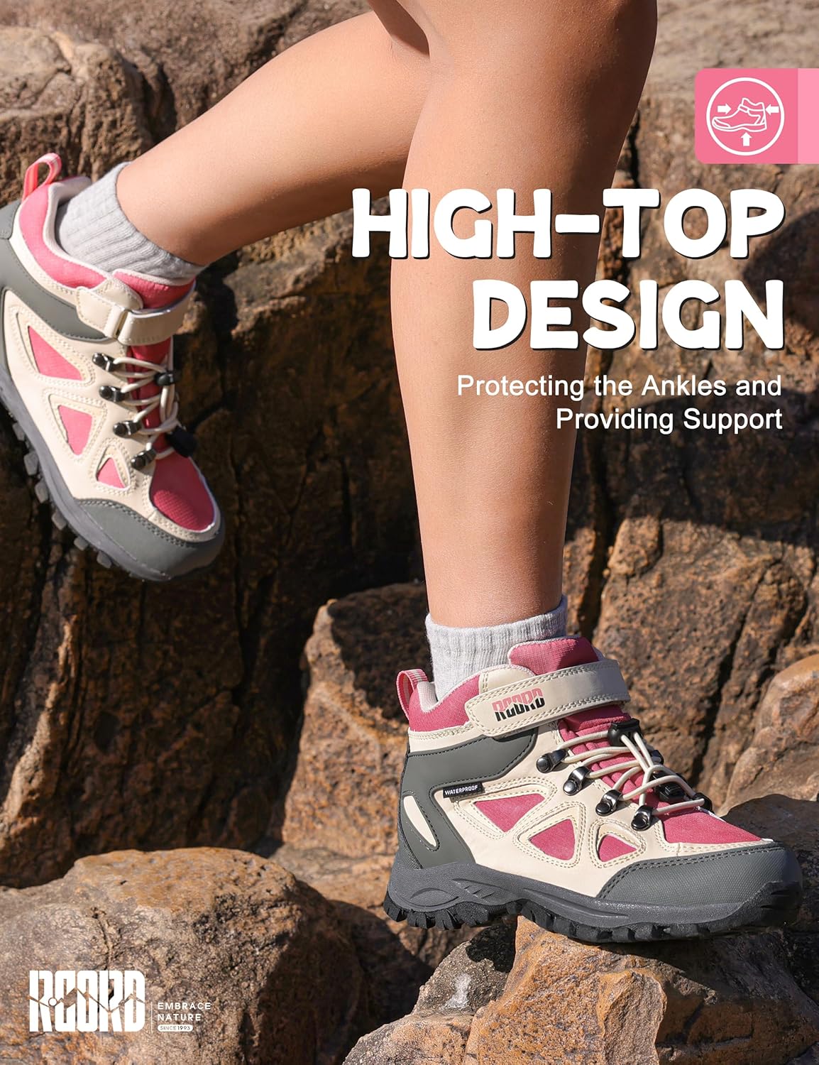 R CORD Kids Hiking Boots Drawstring Closure Girls Hiking Boots Waterproof Durable TPR Traction Outsole Anti-Skid Athletic Outdoor Boots