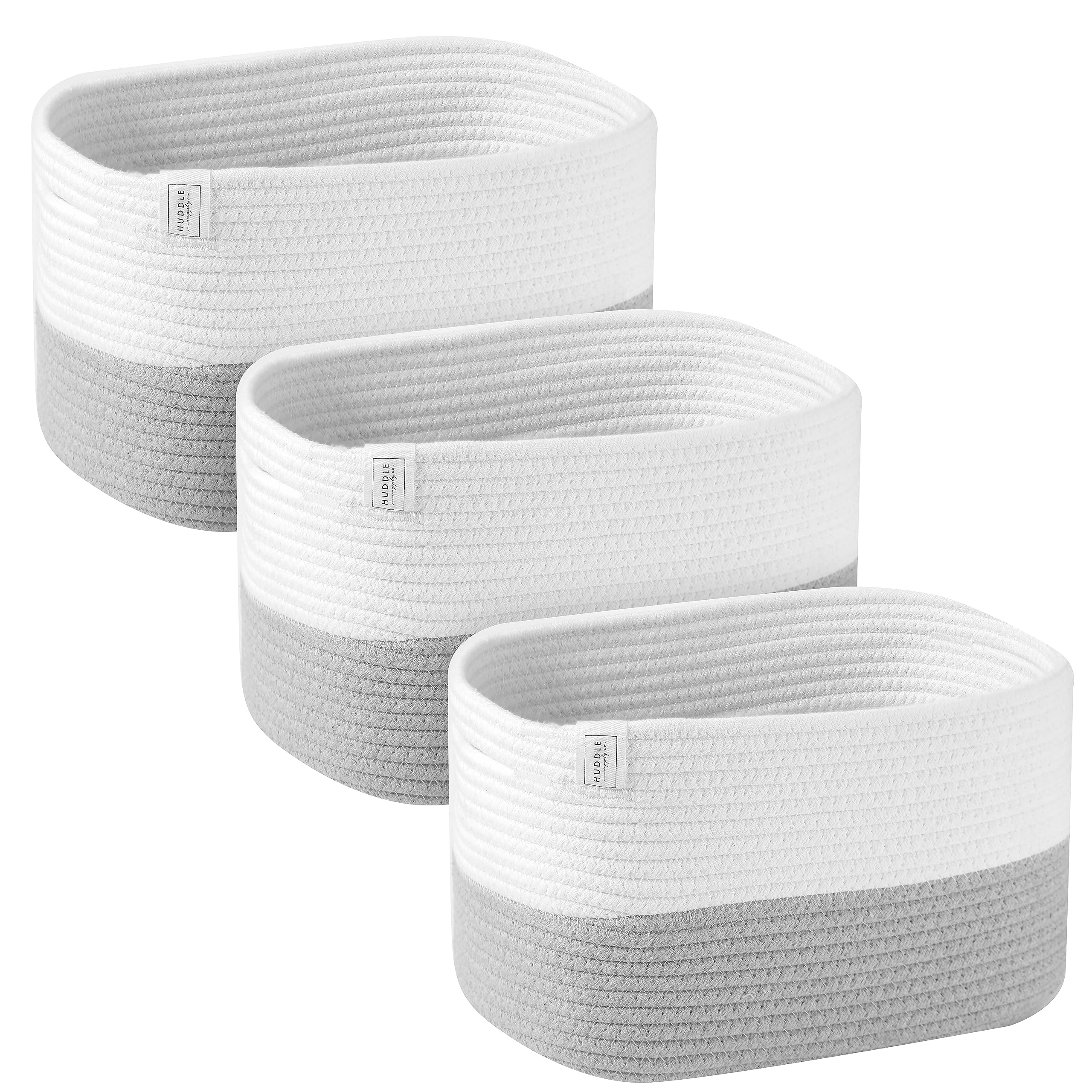 Washable Woven Storage Baskets for Organizing - 3-Pack Cotton Rope Basket with Handles - Decorative Storage Bins, Storage Baskets for Shelves, Nursery Storage Bins, Cube Baskets - White & Grey