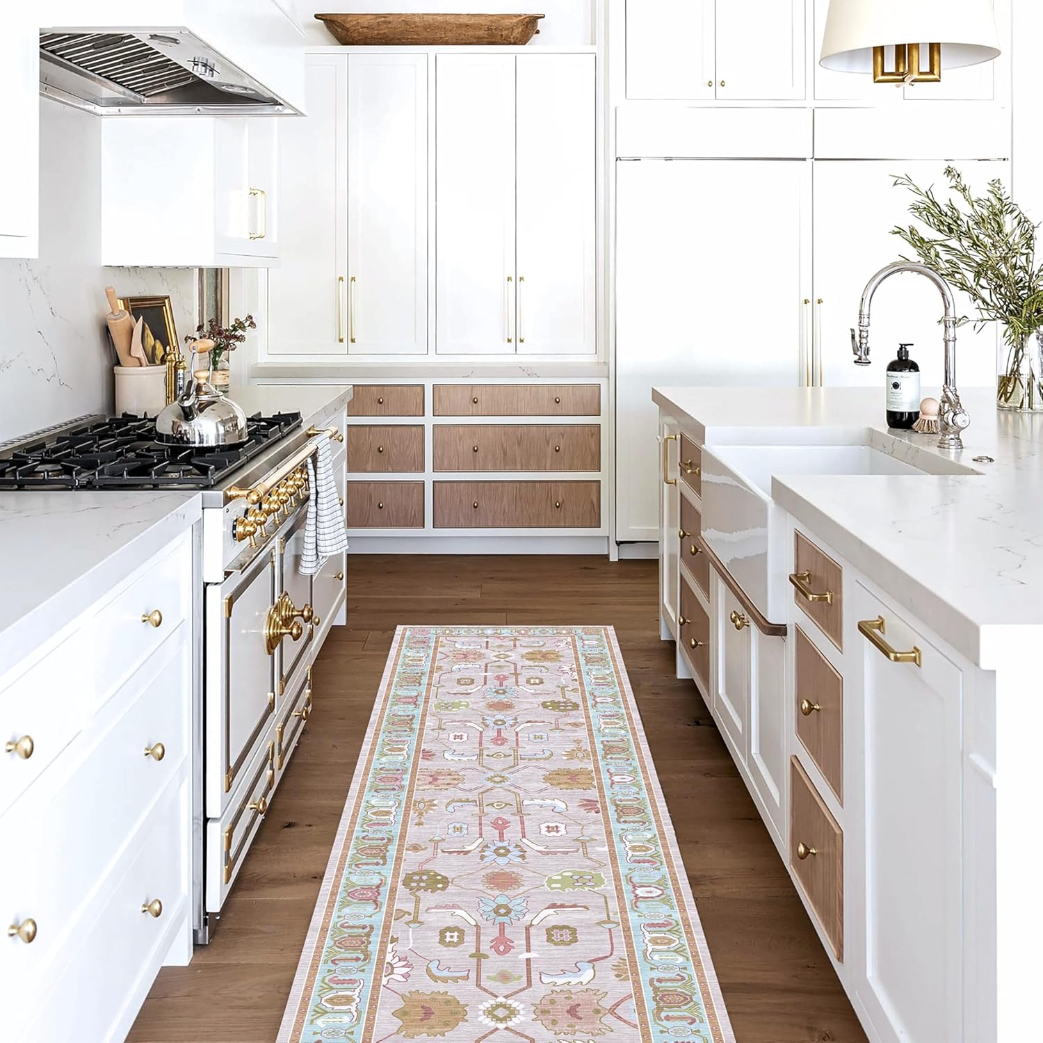 Pink Oushak Runner Rug, Modern Runners, Turkish, Eclectic, Floral, Pastel, Washable, Small Throw Rugs, Short Runner for Hallway, Entryway, Laundry, Bedroom, Kitchen, Bathroom, 2'5"x6'5"