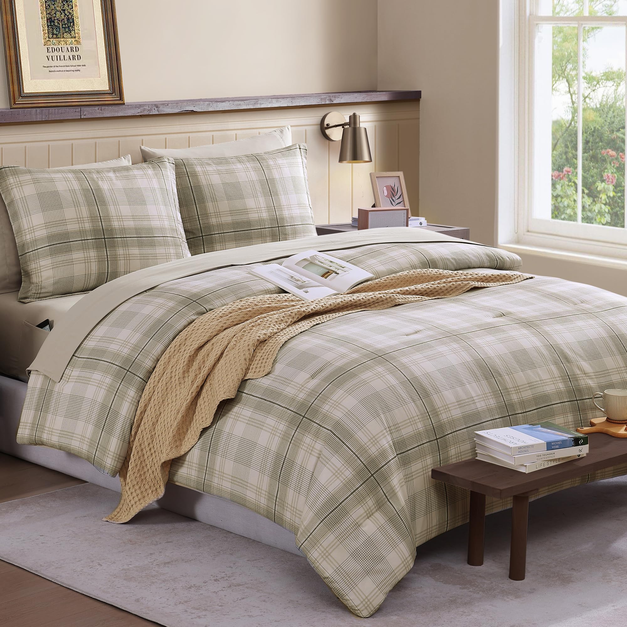 Plaid Queen Comforter Set, Khaki Green Bedding Set 7 Piece for Boys Girls Teen, Classic Homestead-Style Kids Comforter Set Bed in A Bag with Sheets, Pillowcases & Shams