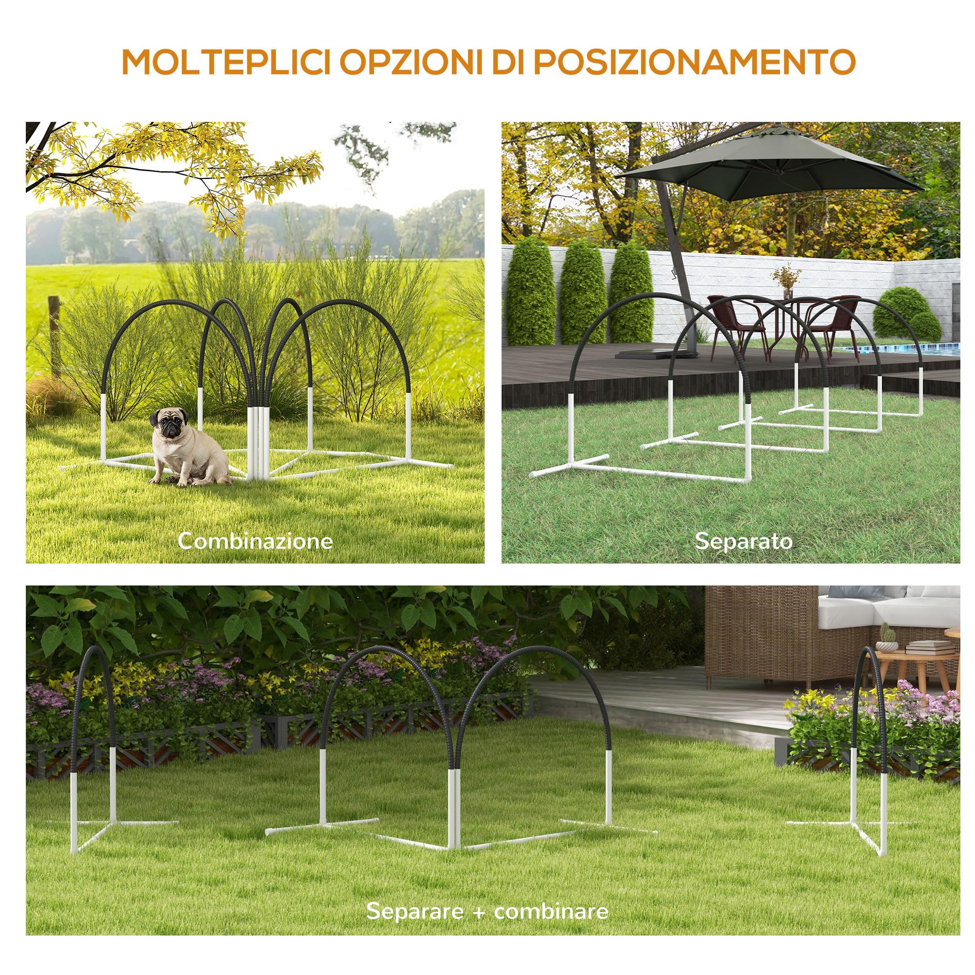 PawHut Set Agility Dog 4 Pezzi con 4 Picchetti, Attrezzatura Agility Dog in PE e ABS con Borsa in Tessuto Oxford, 89x69x99 cm, Bianco e Nero