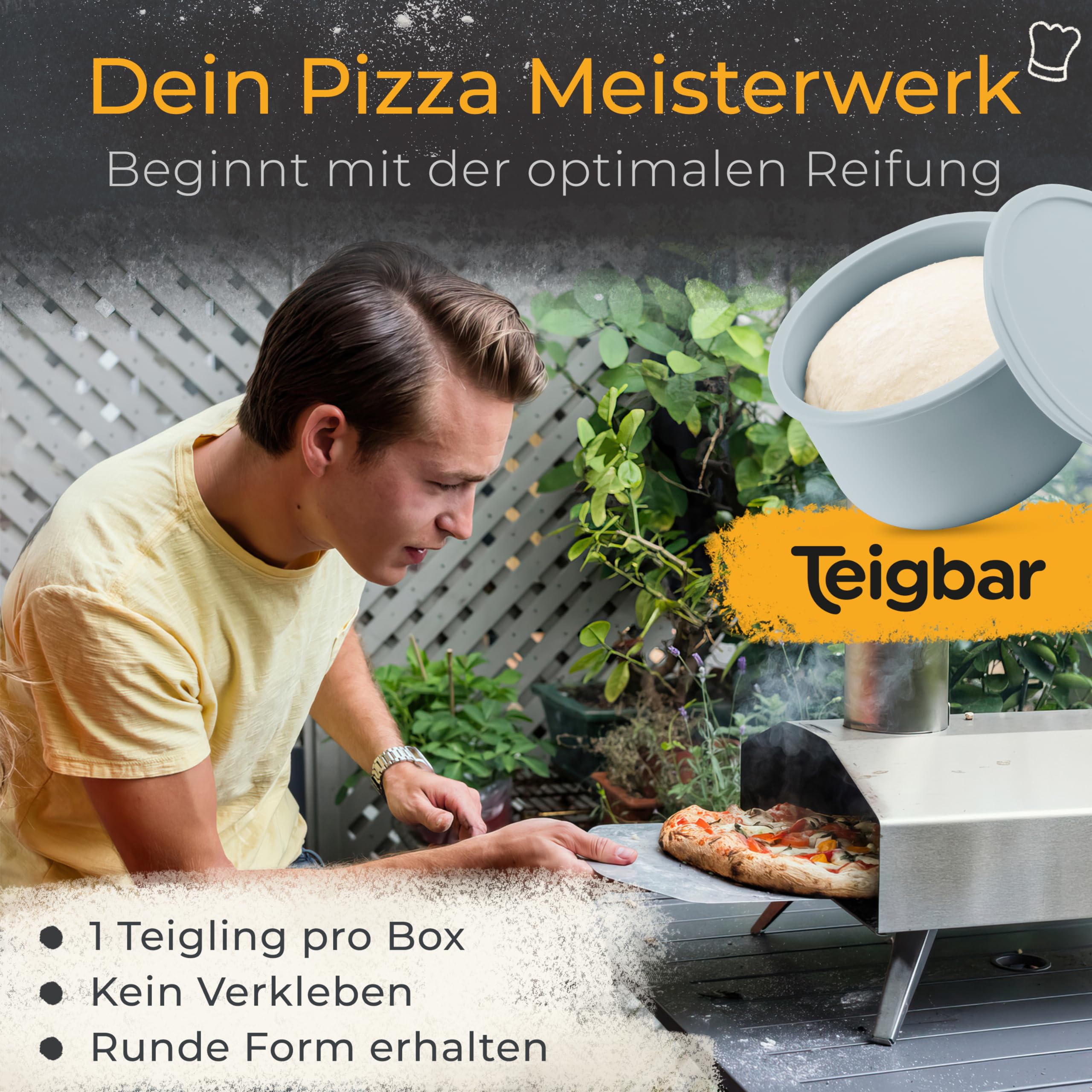 Teigbar« Pizzaballenbox mit Deckel, 4er Set - platzsparende Teigbox aus löse-leichtem Silikon - bis zu 350g Pizzateig Box mit Deckel, Pizza Box - Schwarz/Grau - Ø13cm