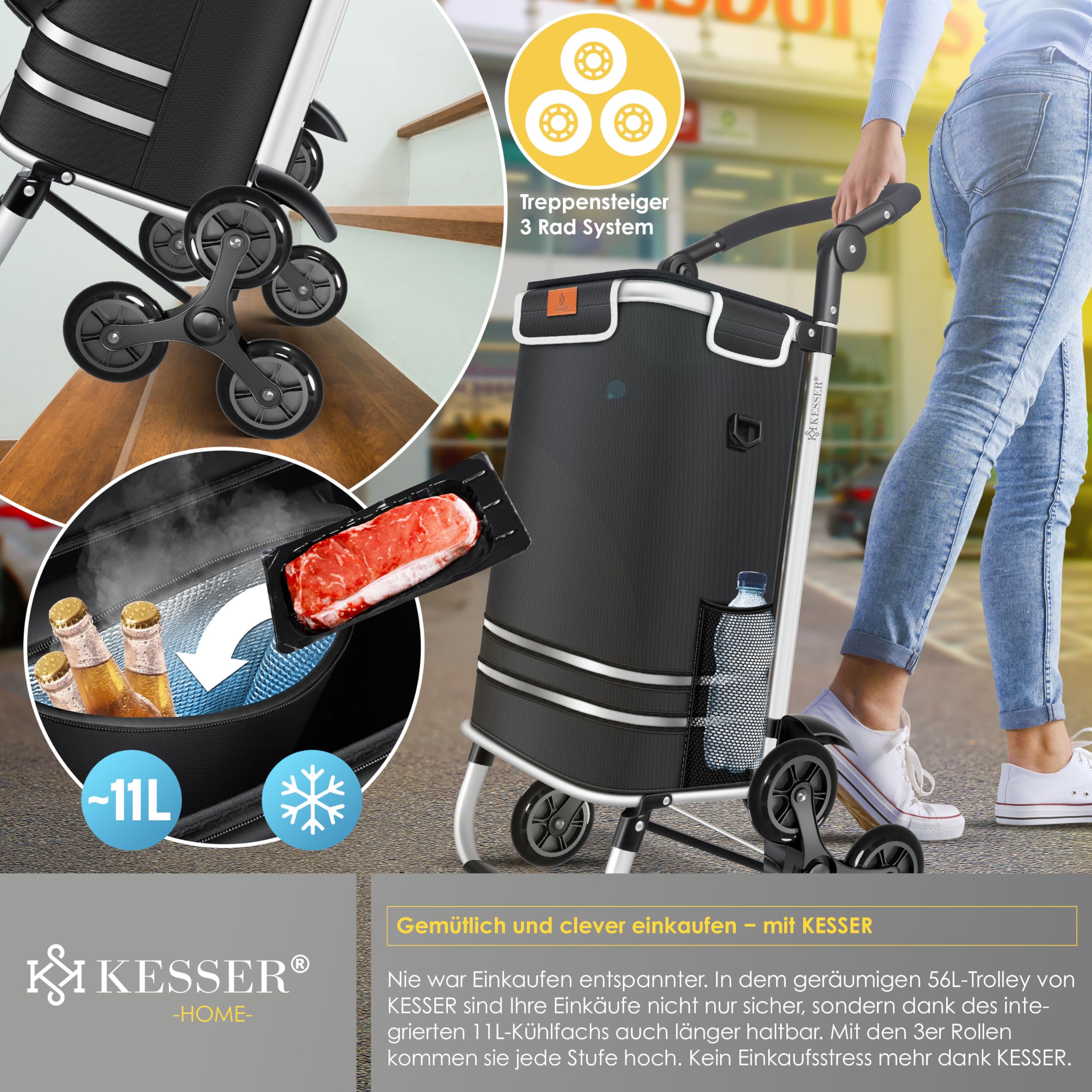 KESSER® Einkaufstrolley Treppensteiger mit Kühlfach klappbar mit 56L Kapazität und belastbar bis 50kg | 3in1 Trolley Sackkarre & Umhängetasche | Faltbarer Einkaufswagen inkl. Einkaufschip, Schwarz