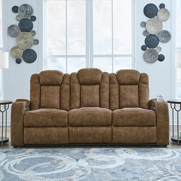 Signature Design by Ashley Wolfridge Contemporary Faux Leather Power Reclining Sofa with Drop Down Table, LED Lights, Electrical Outlet, Wireless Charging, USB Ports and Cup Holders, Light Brown