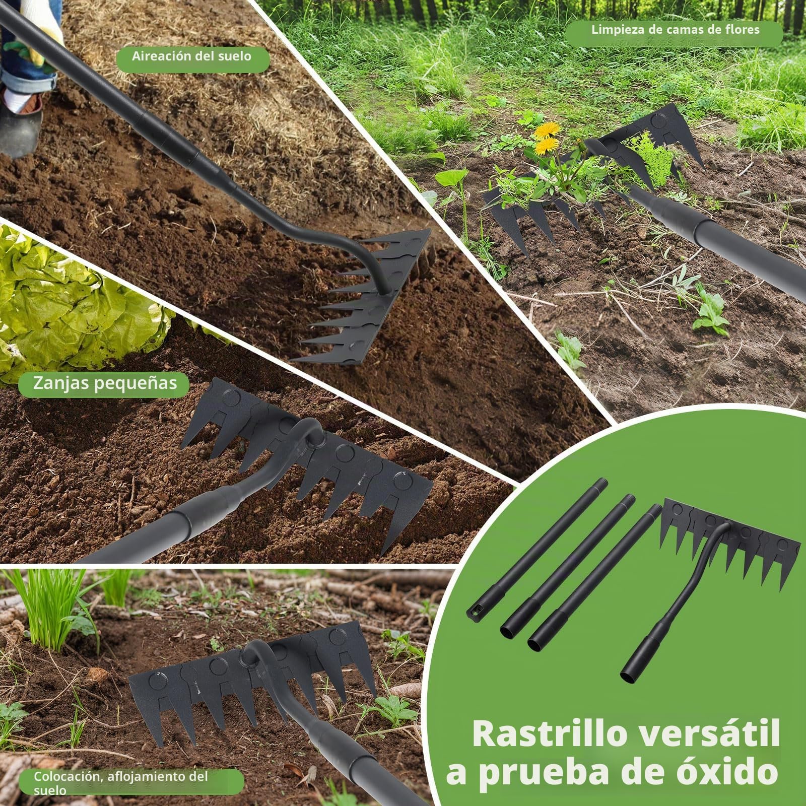 Rastrillo de jardín, mango largo de 140 cm, 8 dientes de jardín de carga pesada, rastrillo de metal de carbono de jardín, rastrillo manual para malezas, rastillo de jardín trasero, herramienta de