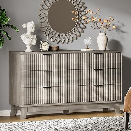 Vista 15 de Cómoda acanalada con 6 cajones, cómoda moderna de 54 pulgadas de ancho con mango de metal, soporte de TV de madera, organizador de almacenamiento