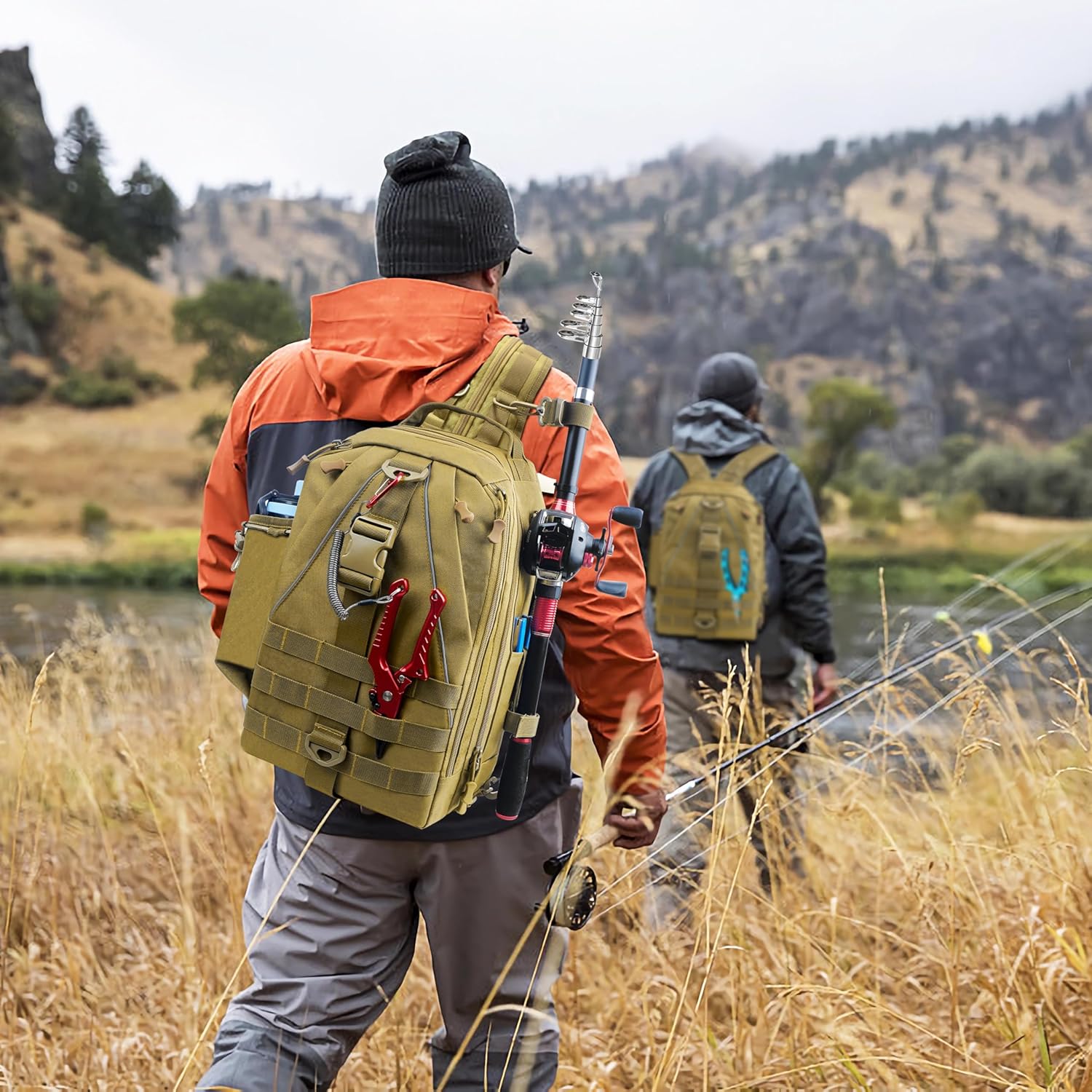 OROOTL Fishing Backpack Tackle Bag with Rod Holder Waterproof Fishing Sling Bag Storage Backpack Ideal Gifts for Men, Large