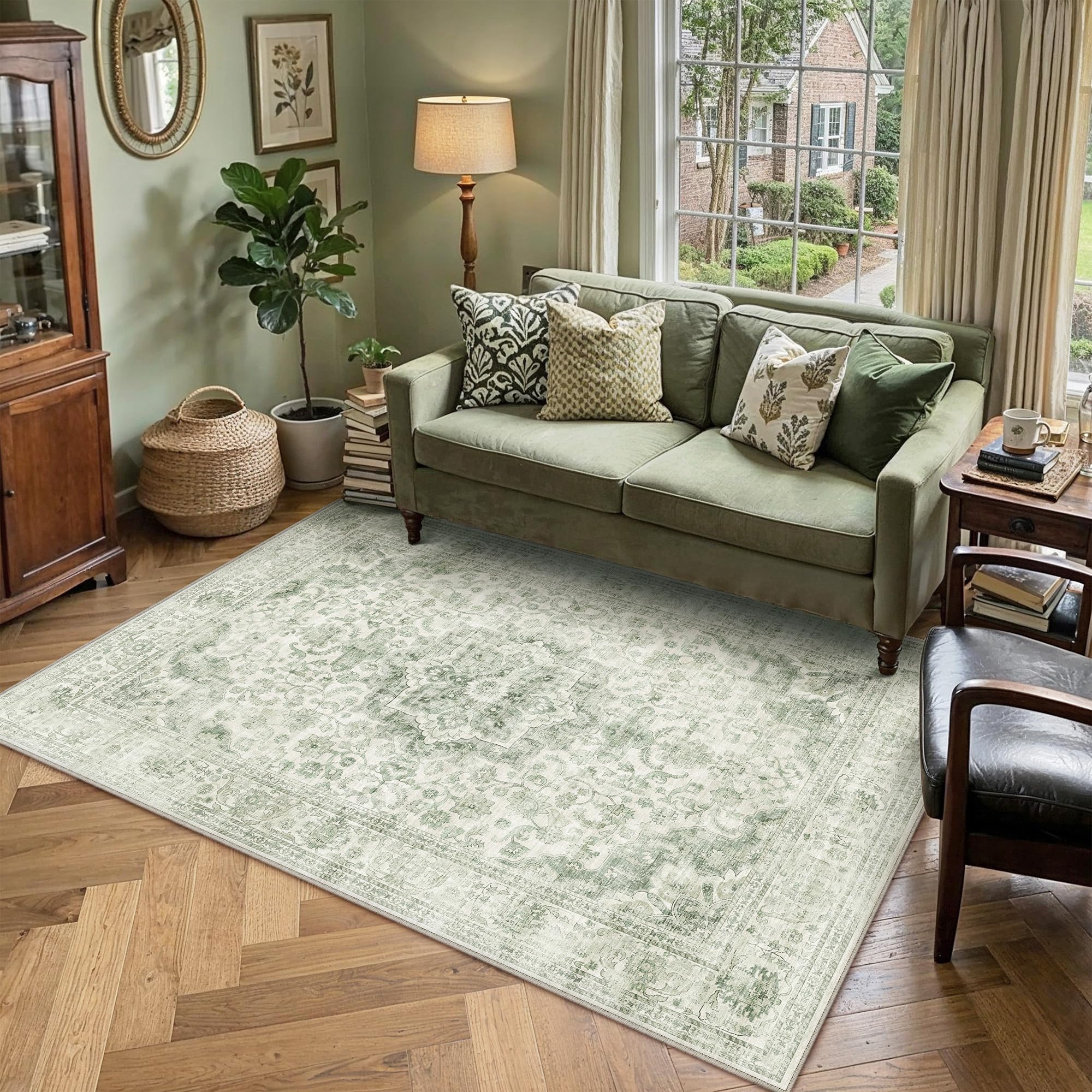 PureCozy Vintage Rugs Living Room 160x230cm Green Machine Washable Non Slip Area Rug Kids Bedroom Bedside Lounge Playroom Office Indoor Large Carpet Retro Low Pile Carpets