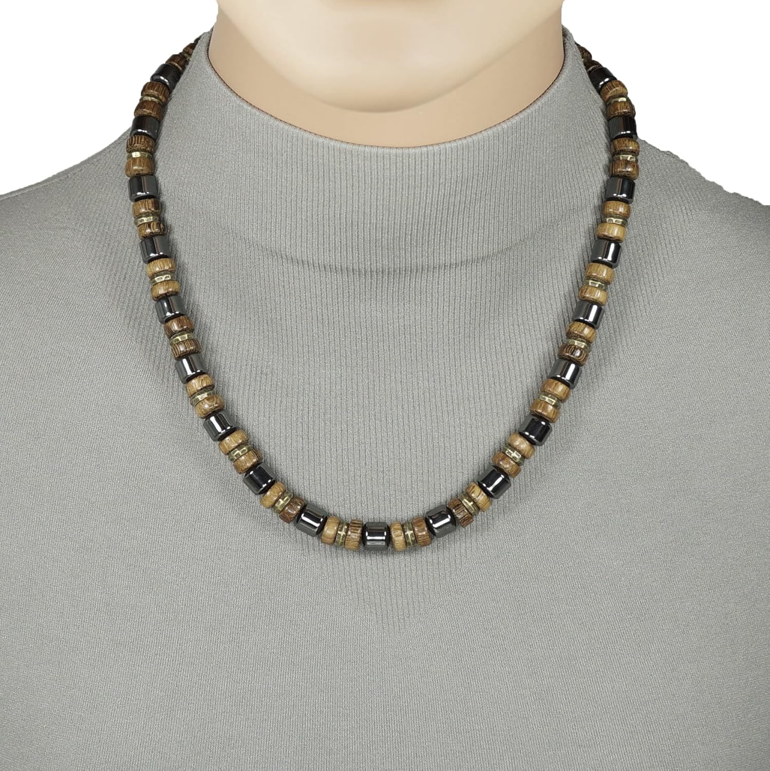 Handmade Men’s Hematite and Wood Beaded Necklace – 16, 18, 20 or 24 inch