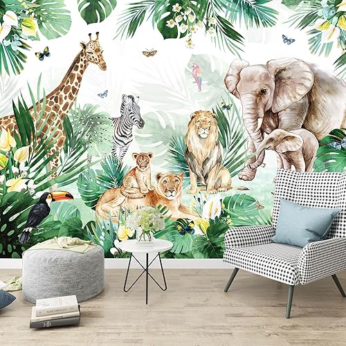 Bormia Papel tapiz infantil con estampado de elefante, animales de la selva, león, cebra, tigre, para habitación de los niños, habitación del bebé