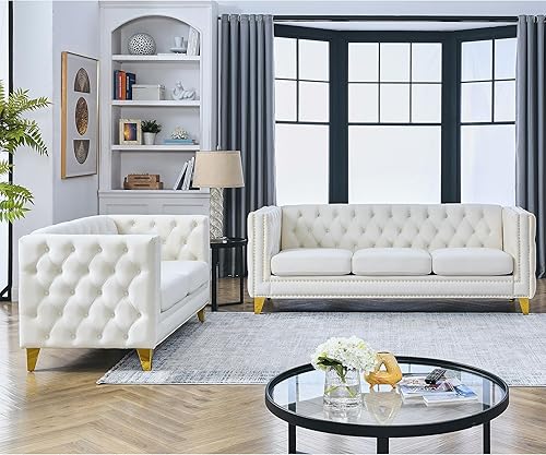 Miniatura 4 de mikibama Juego de sofá de terciopelo de 2 piezas para sala de estar, sofá de 3 plazas con botones y sofá biplaza de 2 plazas, sofás tapizados