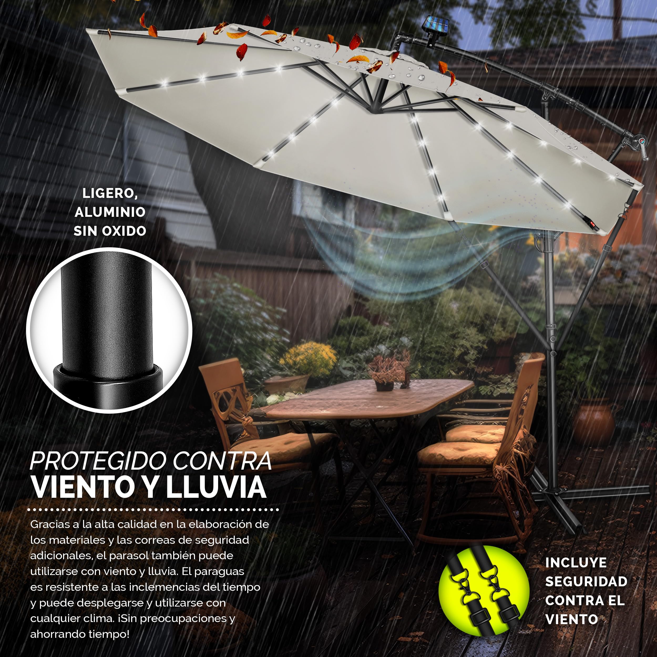 tillvex 300/350 cm Sombrilla Excentrico con 32 Luces LED Solar | Parasol para Terraza Jardín Balcón Patio | con Manivela y Base en Cruz, Giratorio 360º, Protección UV