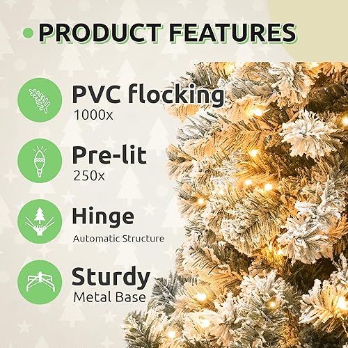 Miniatura 3 de GOOBED Árbol de Navidad preiluminado flocado de 6 pies con control remoto, árbol de Navidad artificial preiluminado con 1000 puntas de ramas y 250