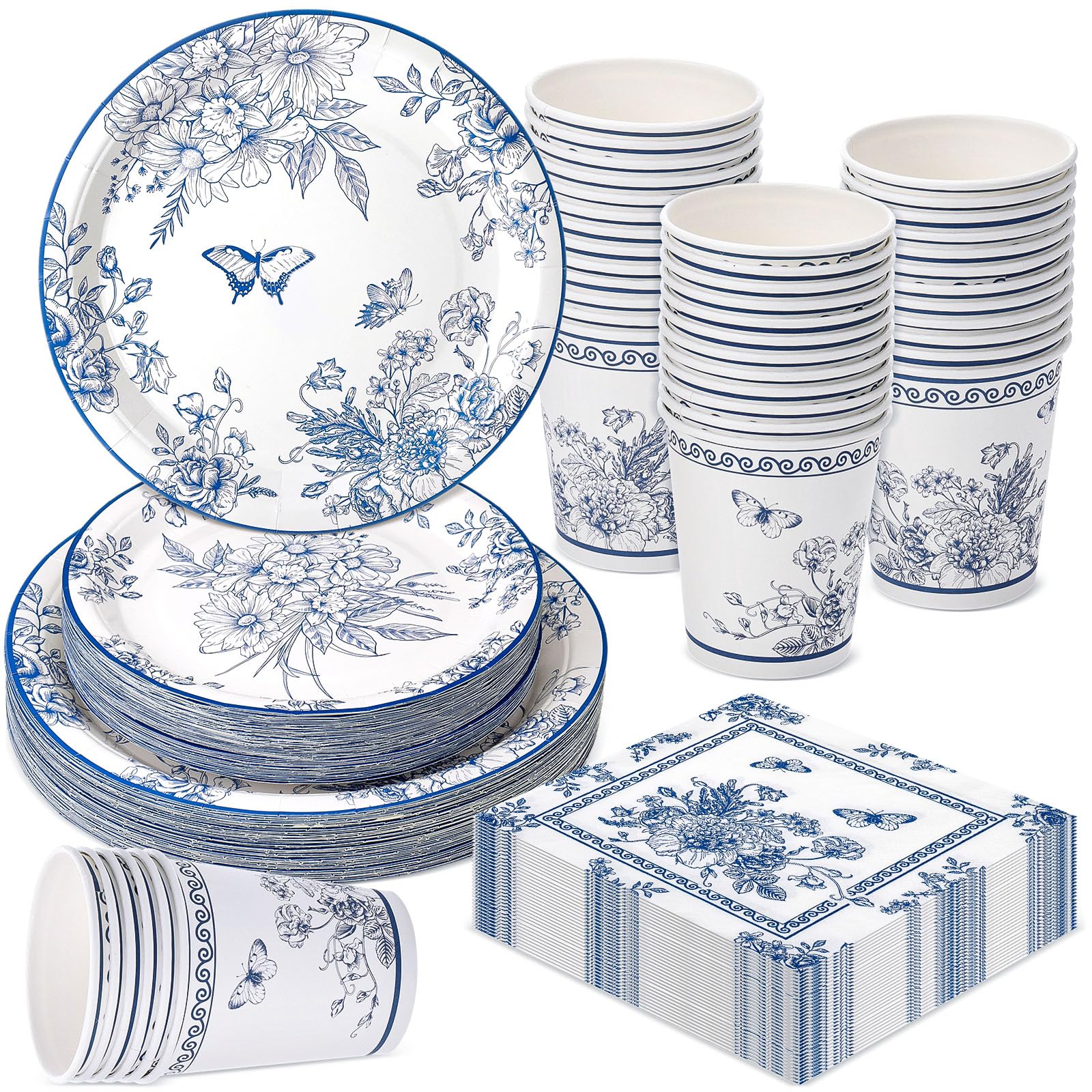 Pickmesh Juego de 250 piezas de vajilla desechable para fiesta floral azul, platos de papel y servilletas, vasos, suministros de fiesta de té, vajilla temática para cumpleaños, novia, baby shower