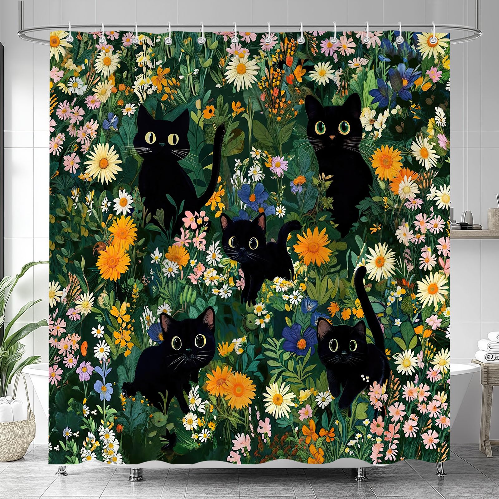 Cute Cat Shower Curtain, Boho Modern Aesthetic Watercolor Floral Decorated Bathroom Fun Shower Curtain, Fashionable Girl Print Whimsical Design Shower