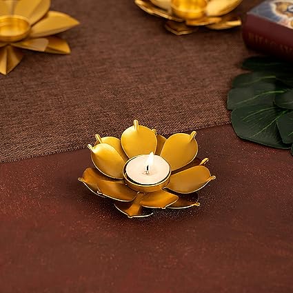 DecorTwist Golden Metal Floral Design Tealight T-Light Candle Holder for Home Table Decoration Diwali Diya Festival Decortion Gift Items