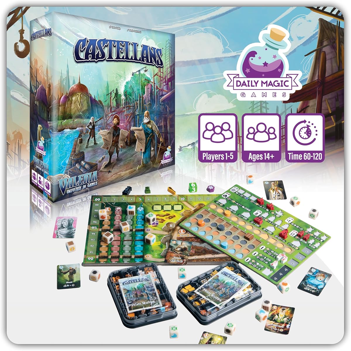 Juego de Mesa Castellans - Valeria Universe of Games - Juego de mesa de estrategia con redacción de dados, gestión de recursos y control de áreas. Noche de juegos para 1-5 jugadores, modo de juego en solitario