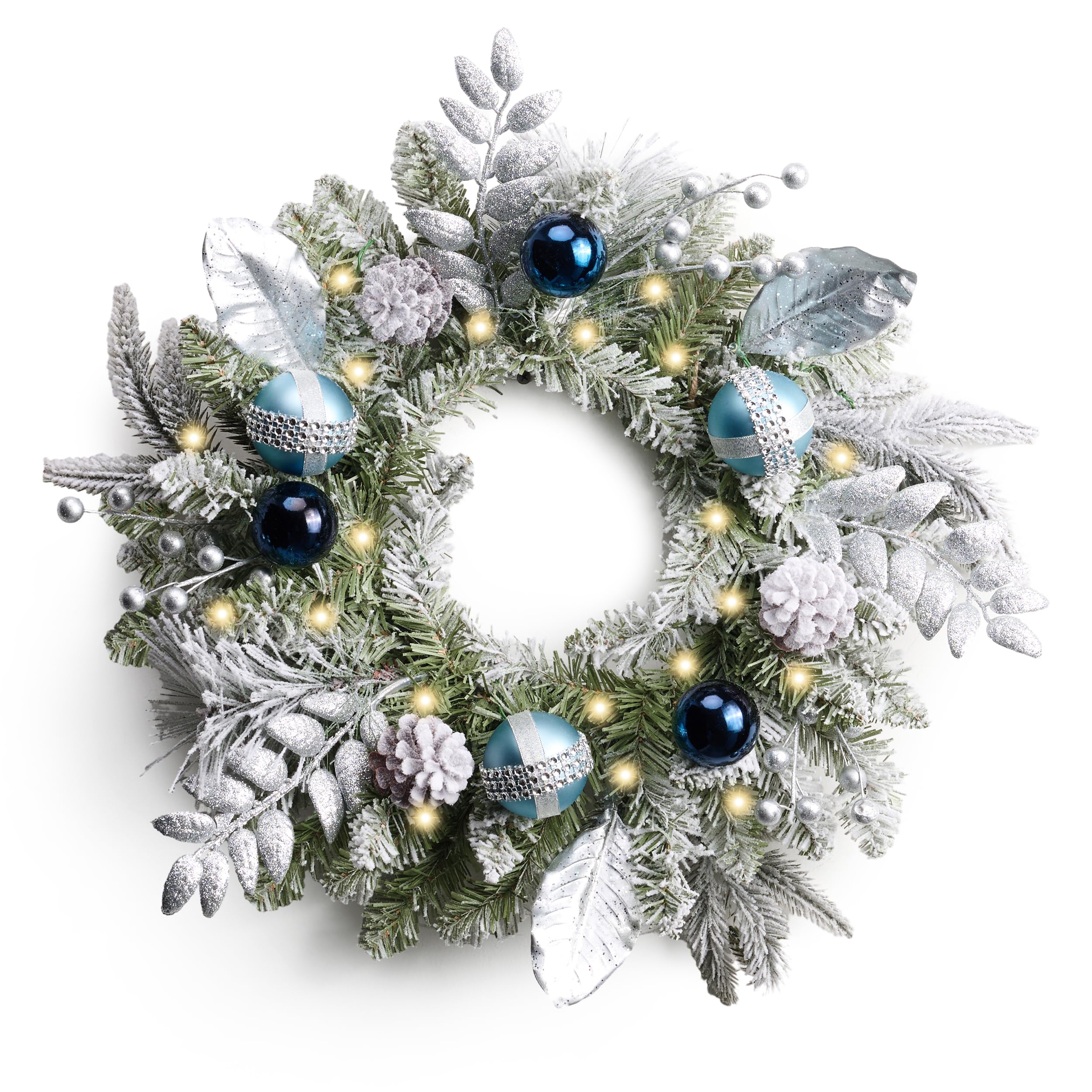 Valery Madelyn 16inch/40cm Light Up Christmas Wreath for Front Door, Pre Lit Christmas Wreath Silver and Blue, Xmas Reef with Lights and Timer Function for Outdoor Decoration