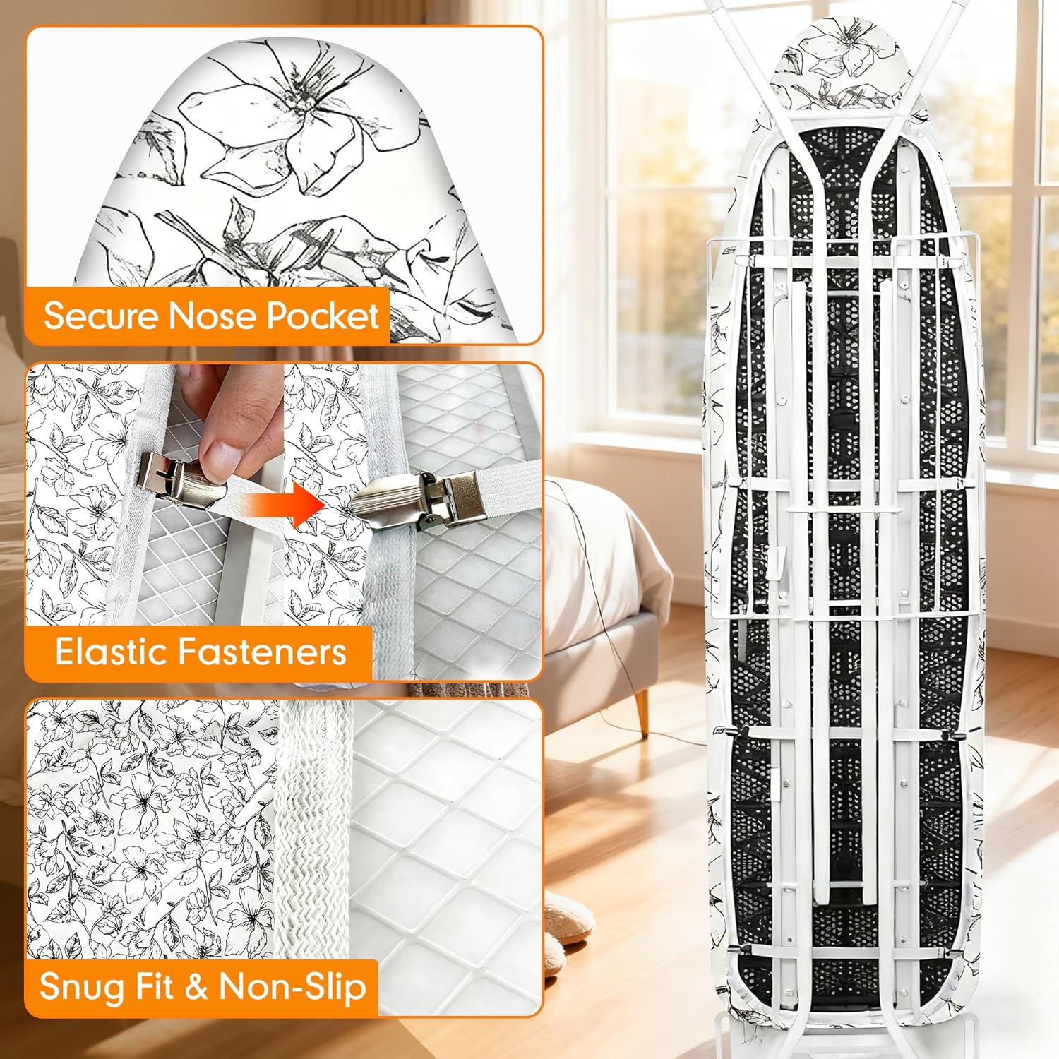 Ironing Board Cover and Pad, 21x57 Extra Large Thick Iron Padding, Scorch & Stain Resistant Ironing board cover, Heavy Duty Iron Board Padded with Adjustable Fasteners Elastic Edge, Floral White