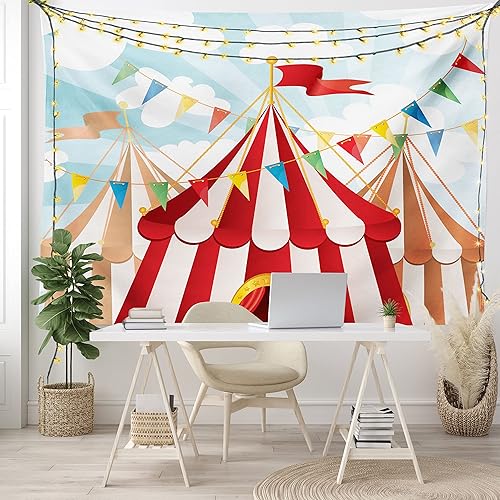Miniatura 6 de Ambesonne Tapiz de circo tamaño King, diseño de rayas de circo, sol a través del cielo nublado, tema tradicional de artes escénicas, colcha para