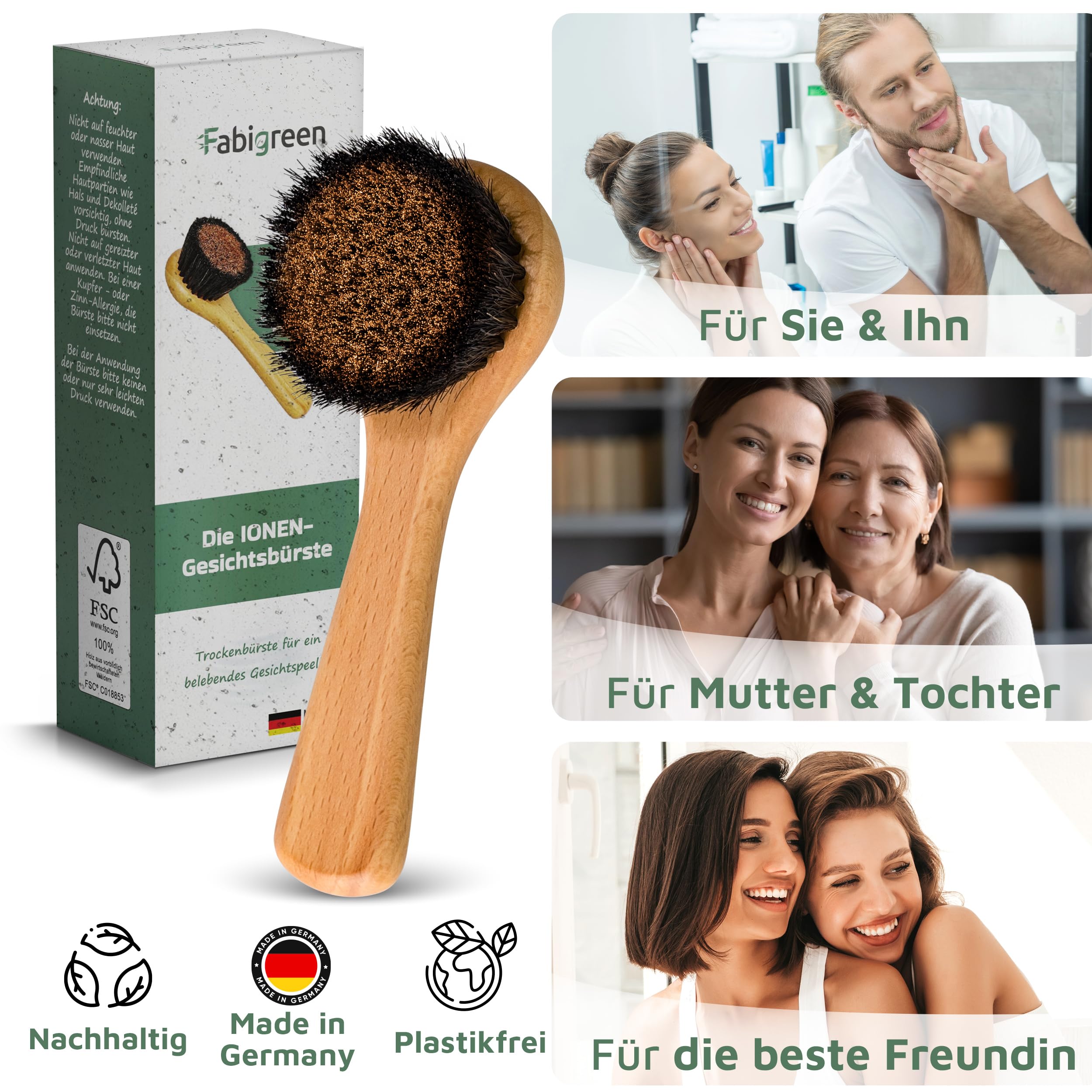 Gesichtsbürste Kupfer Original [MADE IN GERMANY] Peeling Trockenbürste Gesicht inkl. E-Book mit Face Yoga & Anwendungstipps Ionic face dry brush Klosterbürste FSC Buchenholz& plastikfrei