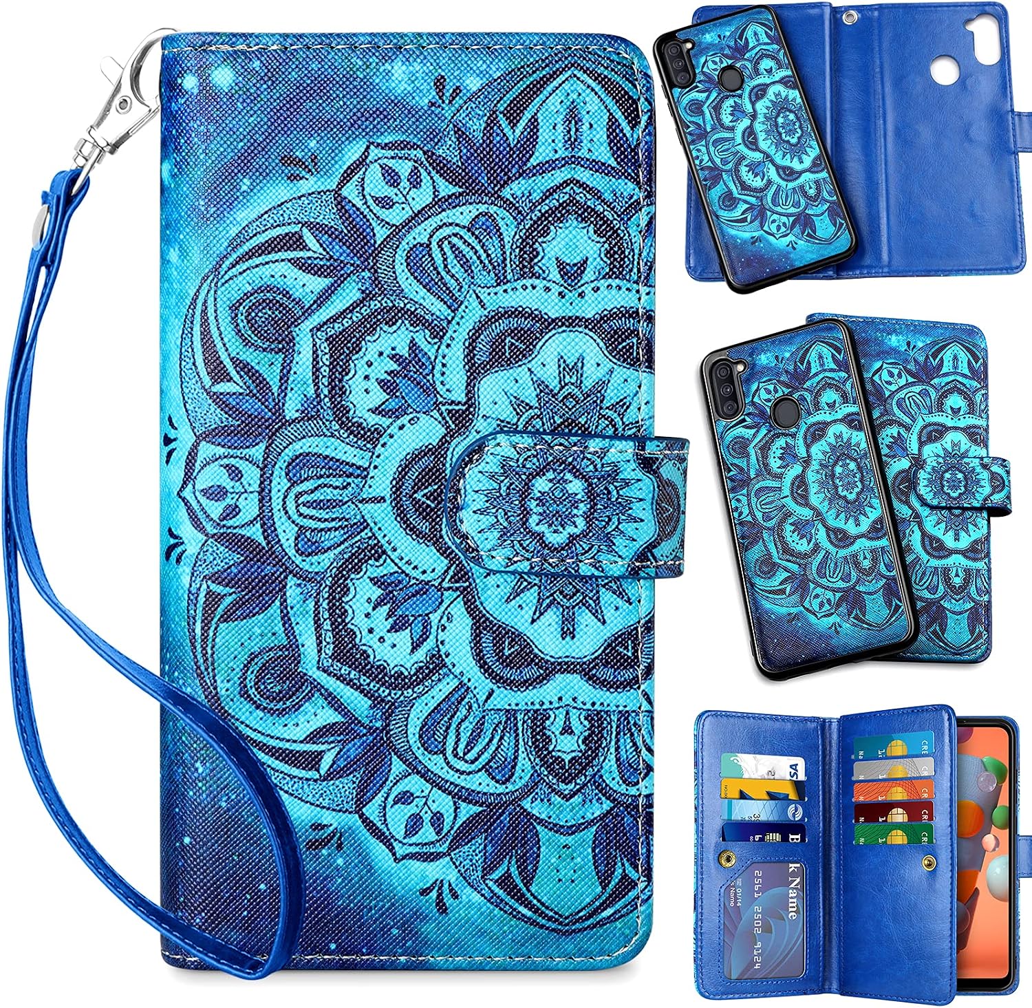 Vofolen for Galaxy A11 Case Credit Card Holder Wallet ID Slot 2-in-1 Detachable Strap Hybrid Protective Slim Hard Shell Magnetic PU Leather Folio Pocket Flip Cover for Galaxy A11 Mandala Dreamy Blue