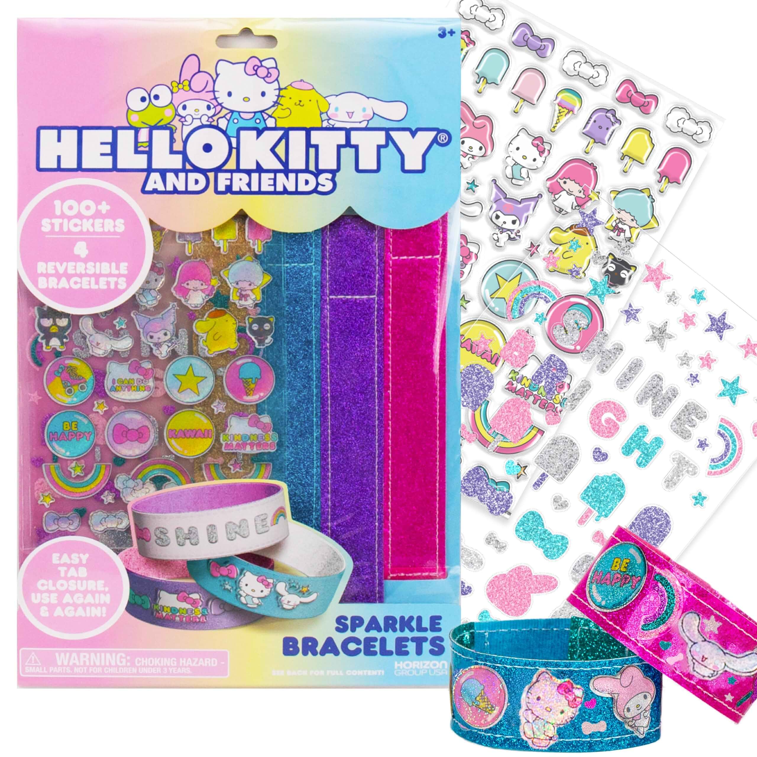 Hello Kitty® and Friends Sparkle Bracelets, Customize 4 Reversible Glitter Bracelets for Kids with Puffy Stickers, Kawaii Jewelry Craft, Cute Girls' Jewelry Kit, DIY Accessories Gift Ages 3+ Glitter, Resin