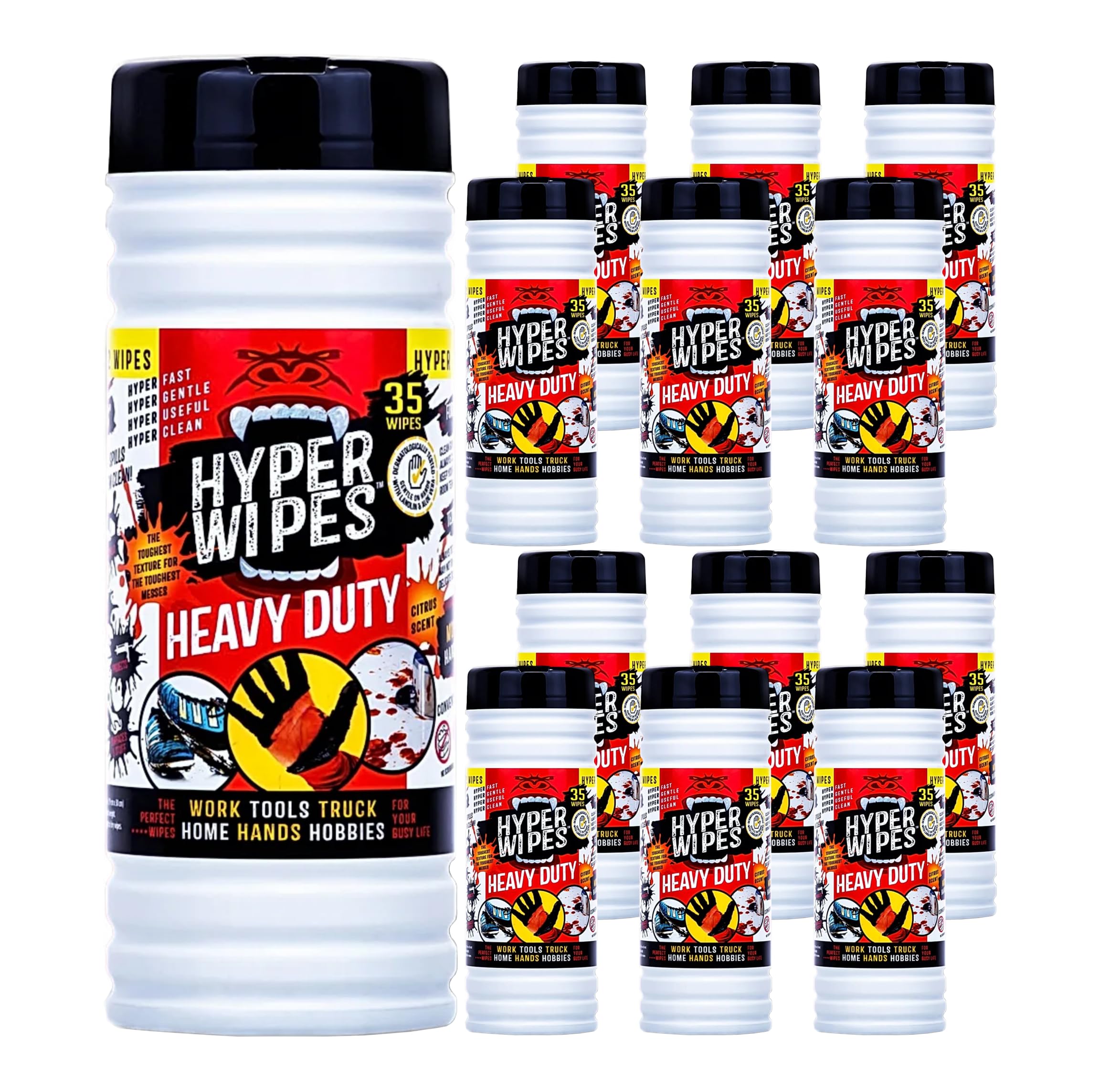 HYPER WIPES - Feuchte Reinigungstücher - Power Reinigung für Werkstatt - KFZ - Werkzeug - Motorrad - Entfernt Härtefälle von Öl, Fett, Kleber, Farbe und Teer - XXL 19 x 30 cm 12er Pack