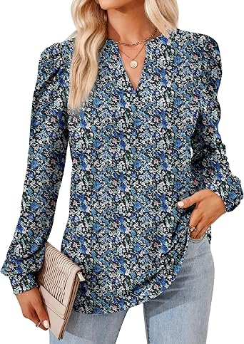 ZILIN Womens Tops Dressy Casual Puff Long Sleeve V Neck Work Shirt Eyelet Loose Tunic Blouse