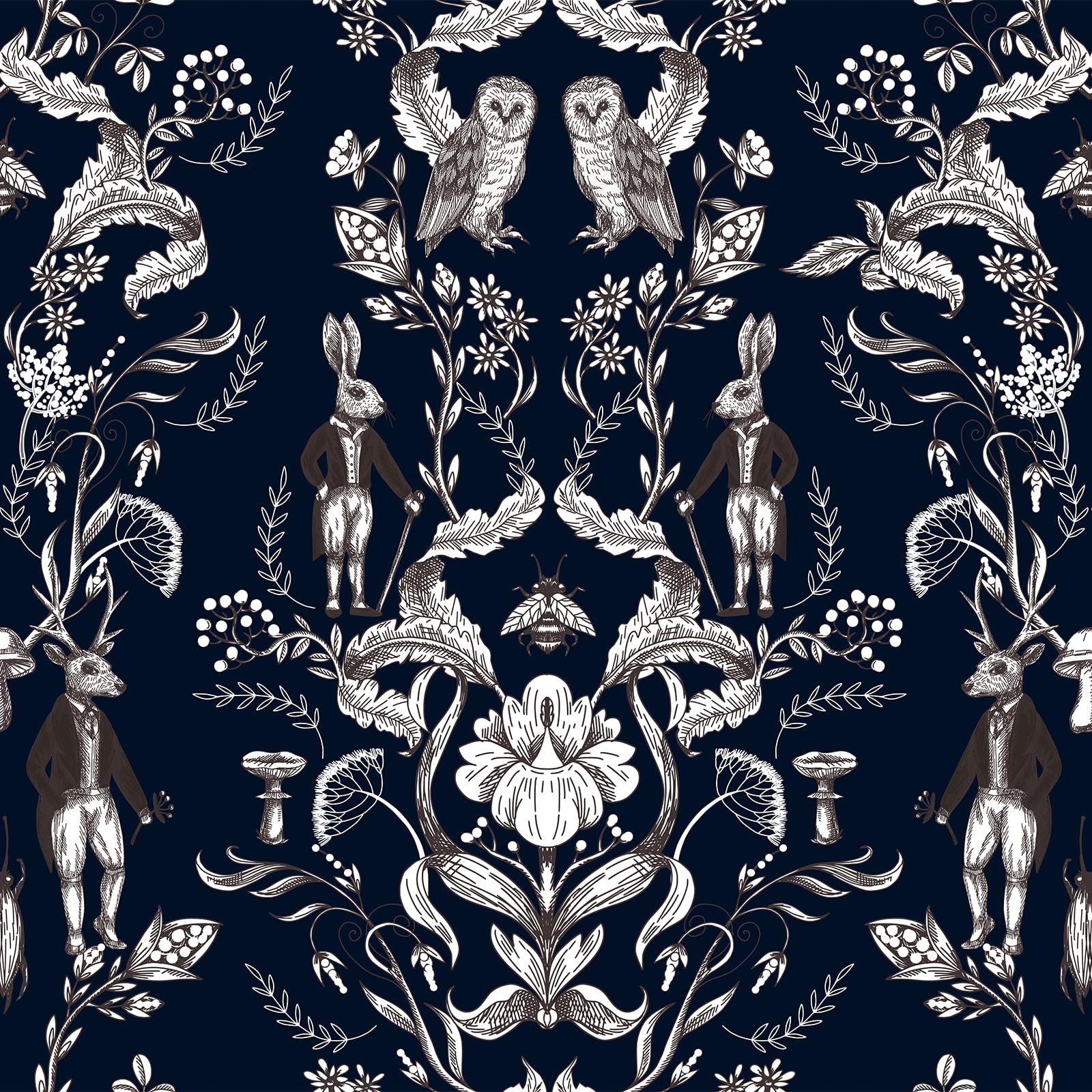 Livelynine Dark Whimsical Wallpaper Peel and Stick Navy Blue and White Fairy Forest Wallpaper Deer Owl Bunny Moody Fairytale Floral Animal Vintage