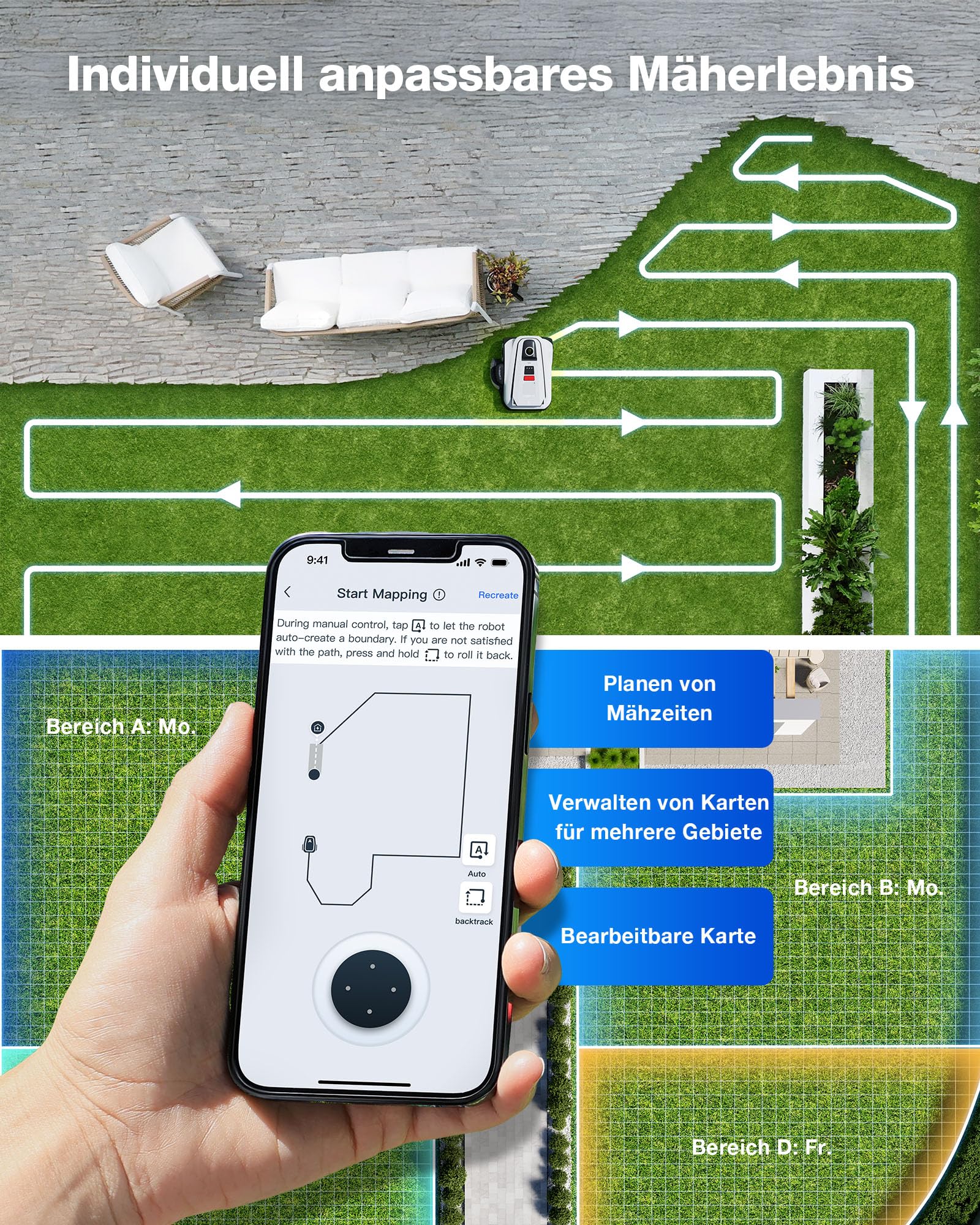 ECOVACS GOAT A1600 LiDAR PRO Care Kit Mähroboter 1.600 m² 360° Dual-LiDAR-Navigation KI-3D-Hindernisvermeidung