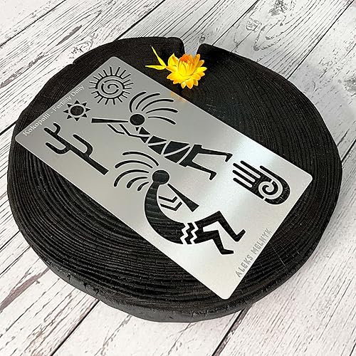 Miniatura 6 de Aleks Melnyk No.434 Plantilla de metal, deidad de fertilidad Kokopelli, diseños de petroglifos, plantilla pequeña, 1 unidad, plantilla para leña,