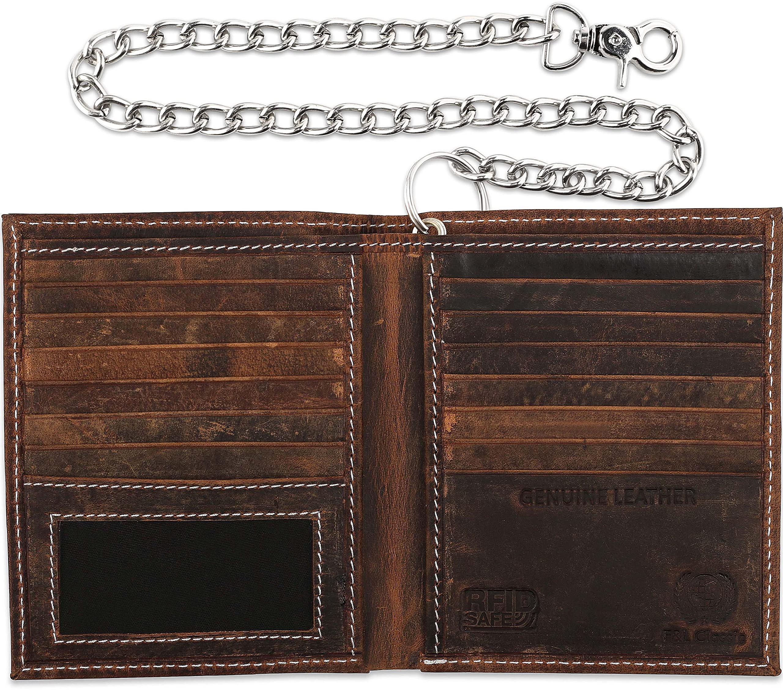 F&L CLASSICMens Chain Wallet Large Capacity| RFID Blocking | Buffalo vintage Leather | Bi-Fold Big Hipster | w/White stitching,186,ws-buff-chain